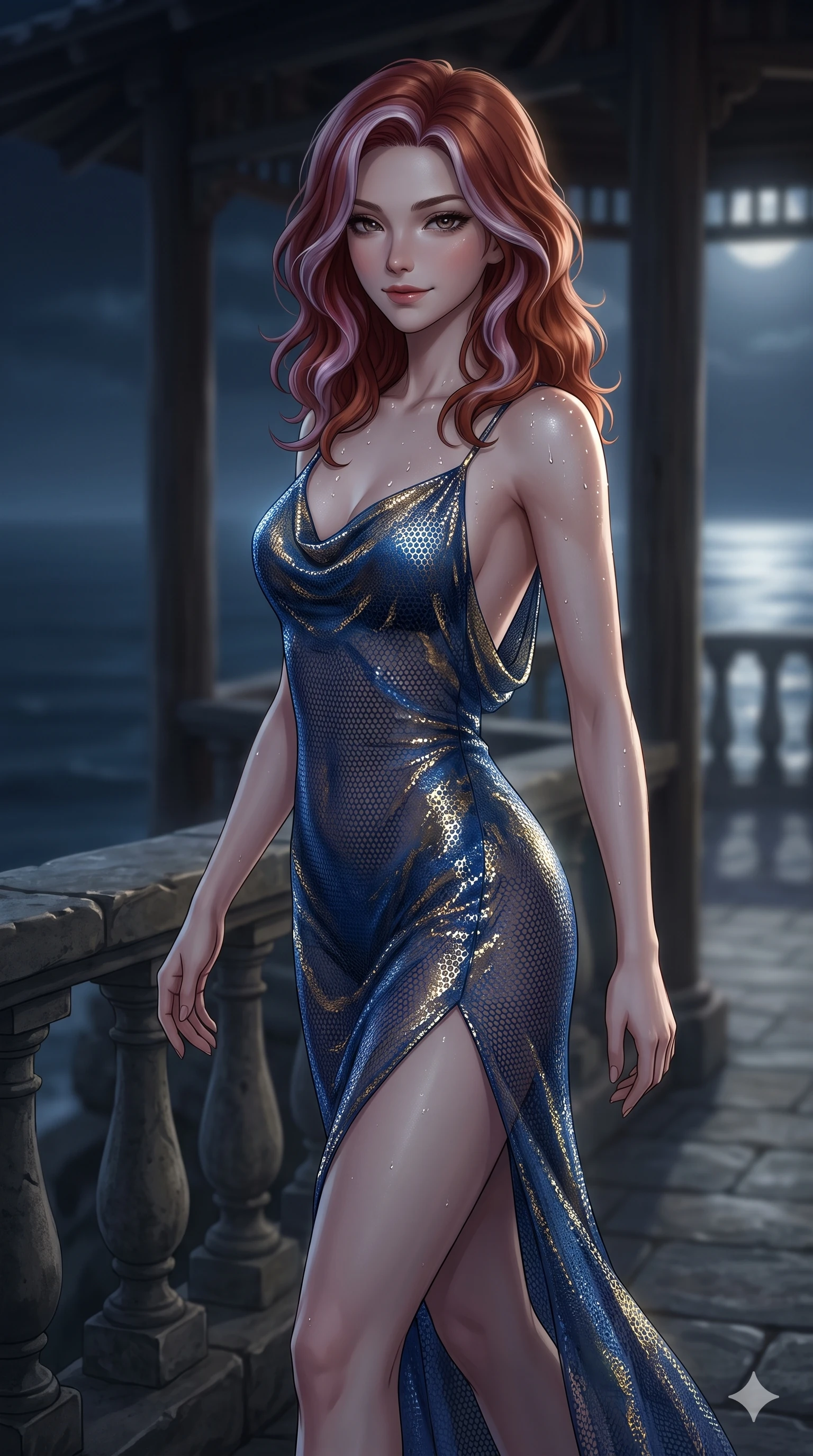 score_9, masterpiece, best quality, ultra-detailed, high-budget anime keyframe, editorial fashion photography, tasteful artistic composition, Caucasian woman. close-up cowboy shot from the waist and thighs up, the character dominates the composition, filling the frame with her large presence. leaning forward while arching her lower back to accentuate her curvy hips, looking into the camera with an intoxicating smoldering gaze and bedroom-eyes while walking slowly along the cliffside parapet with hypnotic grace, hips swaying in an alluring sensual rhythm that commands the ocean void. The background shows a soft-focus windswept coastal pavilion softened in maritime nocturnal shallow focus. She has an exceptionally elegant, slender, and willowy female figure with an ultra-slim waist, flat toned midriff, narrow ribcage, and sculpted feminine hips creating an alluring, slim hourglass silhouette without bulk. sharp v-shaped jawline, high-bridge nose, sparkling eyes with hypnotic seductive depth, thick curled eyelashes, glossy parted lips with a natural dewy peach sheen, alluring bedroom-eyes with an enchanting coquettish smile, exuding magnetic siren charisma and sophisticated glamour, flawlessly proportioned anatomical accuracy, strict slender model proportions, natural body alignment, perfectly sculpted long slender limbs, ultra-slim waistline, clean dynamic posture without body distortion. wearing a form-contouring gossamer silk chiffon slip dress with hip-high slit and open cowl back clinging with evening mist in deep ocean cobalt and shimmering gold leaf, made of delicate semi-sheer nanotech mesh with airy hexagonal open-weaves, finished with glistening drops of night dew beading across her sculpted shoulders and flat midriff, the bespoke structured tailoring following the natural line of her 8.5-heads silhouette with refined elegance. bathed in brilliant horizontal moonlight sweeping across the ocean surface and into the open timber pavilion. ultra-reflective glossy finish, specular highlights, rich textural contrasts, high-contrast stereoscopic depth, volumetric dynamic lighting, 2k, ultra detail, master piece, 9:16 ratio