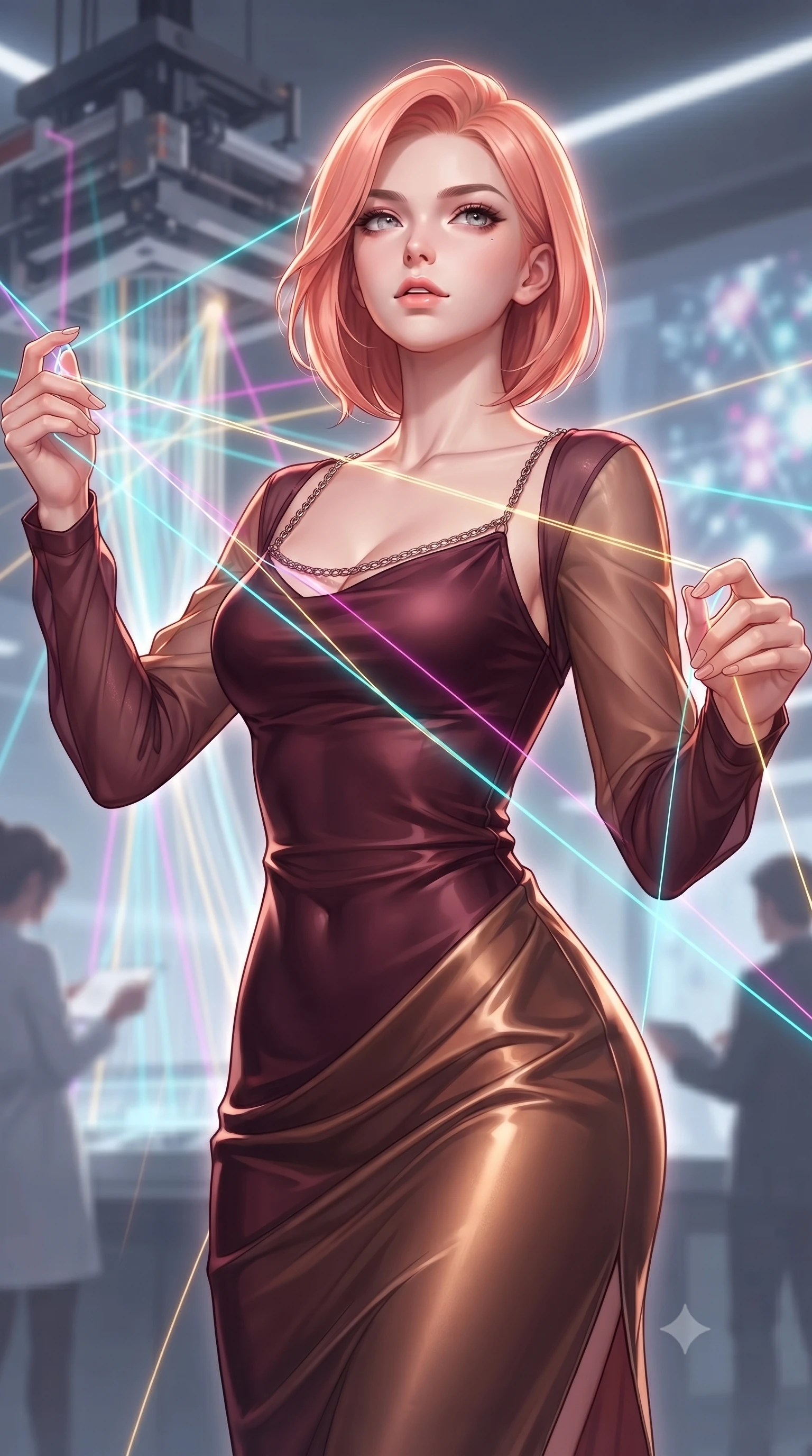 score_9, masterpiece, best quality, ultra-detailed, high-budget anime keyframe, editorial fashion photography, tasteful artistic composition, Japanese woman. close-up cowboy shot from the waist and thighs up, the character dominates the composition, filling the frame with her large presence, background elements kept in soft focus. Tilting her chin up slightly with lips parted in a magnetic, composed expression threading fluorescent fiber optic lines on a massive 3D light loom, fluorescent cyan, magenta, and gold light threads crossing in 3D space. She has an exceptionally elegant, slender, and willowy female figure with an ultra-slim waist, a gracefully sculpted slender torso, and a refined silhouette. sharp v-shaped jawline, high-bridge nose, intricate jewel-like eyes with depth, thick eyelashes, glossy lips with a natural sheen. wearing a sleek bodycon knit dress with sheer organza sleeve panels in deep burgundy and bronze, crafted from lustrous satin jersey with fluid draping, adorned with delicate metallic chain straps along the neckline, the sleek second-skin texture accentuating her magnetic presence. surrounded by a vibrant fluorescent aura with bright rim highlights. ultra-reflective glossy finish, specular highlights, metallic sheen, high-contrast stereoscopic depth, volumetric dynamic lighting, 2k, ultra detail, master piece, 9:16 ratio