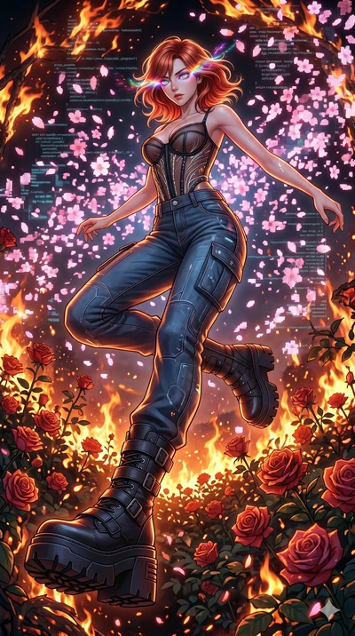 score_9, masterpiece, best quality, ultra-detailed, Set A: High-budget Anime Keyframe, Japanese woman. Low angle cowboy shot filling the entire 9:16 frame with her statuesque presence. Leaping through a burning rose garden, while her eyes glow with 3