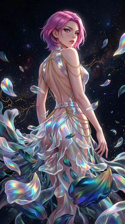 score_9, masterpiece, best quality, ultra-detailed, High-budget Anime Keyframe, East Asian woman. Low angle cowboy shot filling the entire 9:16 frame with her statuesque presence. Scenario 171: Dissolving into a cloud of iridescent silk petals in a v