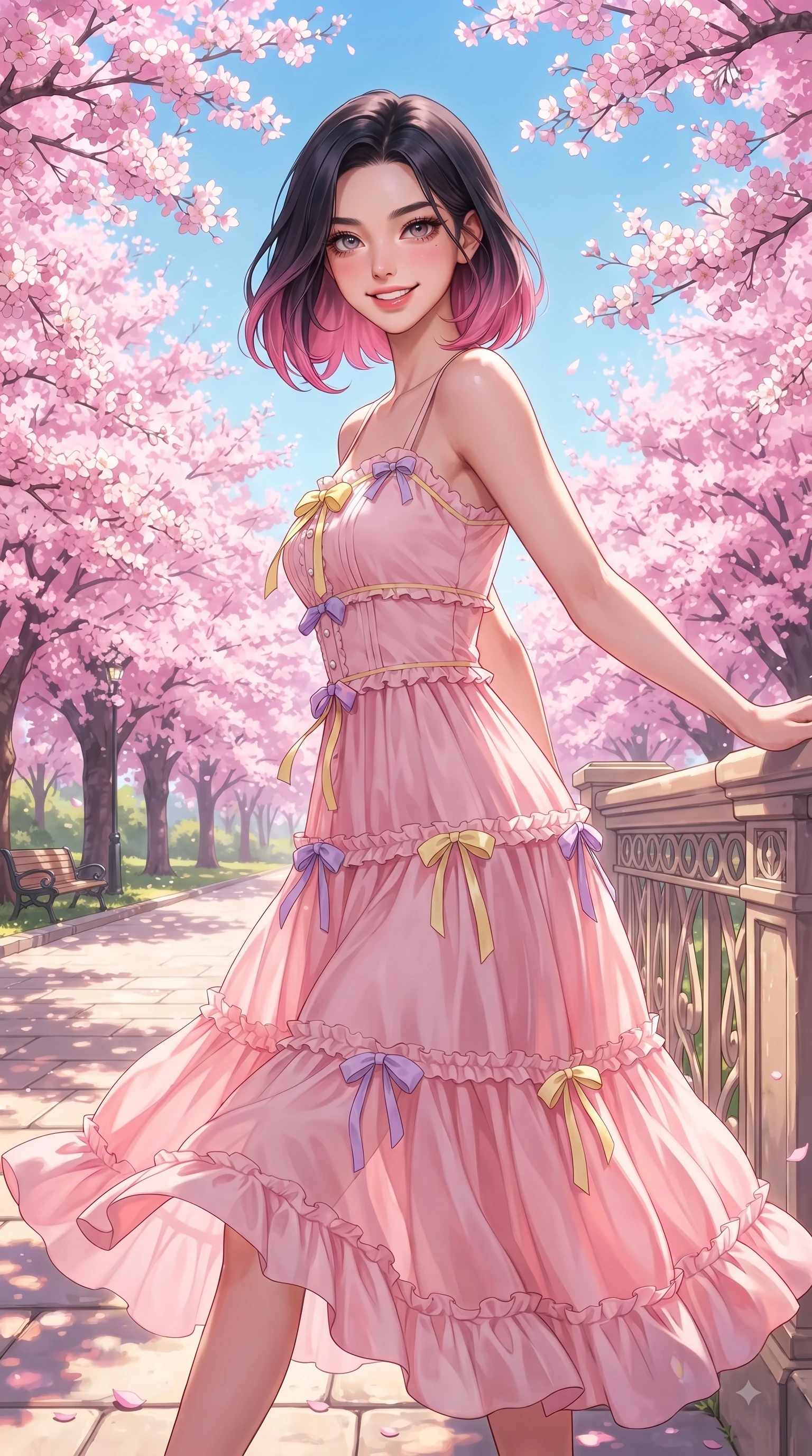score_9, masterpiece, best quality, ultra-detailed, high-budget anime keyframe, editorial fashion photography, tasteful artistic composition, Korean woman. close-up cowboy shot from the waist and thighs up, the character dominates the composition, filling the frame with her large presence. Gazing directly into the camera with a fresh, infectious smile as her torso curves dynamically in mid-stride while leaning gracefully against a sunlit park railing framed by vibrant pink flower canopies. The surrounding environment is rendered in vivid detail and crisp panoramic clarity. endless pink sakura tree arcades, sunlit stone pathways, and clear spring blue sky in deep focus. She has an exceptionally elegant, slender, and willowy female figure with an ultra-slim waist, a gracefully sculpted slender torso, and a refined silhouette. sharp v-shaped jawline, high-bridge nose, intricate jewel-like eyes with depth, thick eyelashes, glossy lips with a natural sheen, flawlessly proportioned anatomical accuracy, natural body alignment, perfectly sculpted elegant limbs, clean dynamic posture without body distortion. wearing a romantic pink tiered chiffon maxi dress decorated with delicate bow ribbons in soft lemon yellow and lavender violet, tailored from crisp cotton poplin, finished with subtle ruffle trims and delicate pearl buttons, the soft airy drape swaying gracefully with her dynamic movements. surrounded by a fresh, sweet, and nostalgic spring park atmosphere. ultra-reflective glossy finish, specular highlights, metallic sheen, high-contrast stereoscopic depth, volumetric dynamic lighting, 2k, ultra detail, master piece, 9:16 ratio