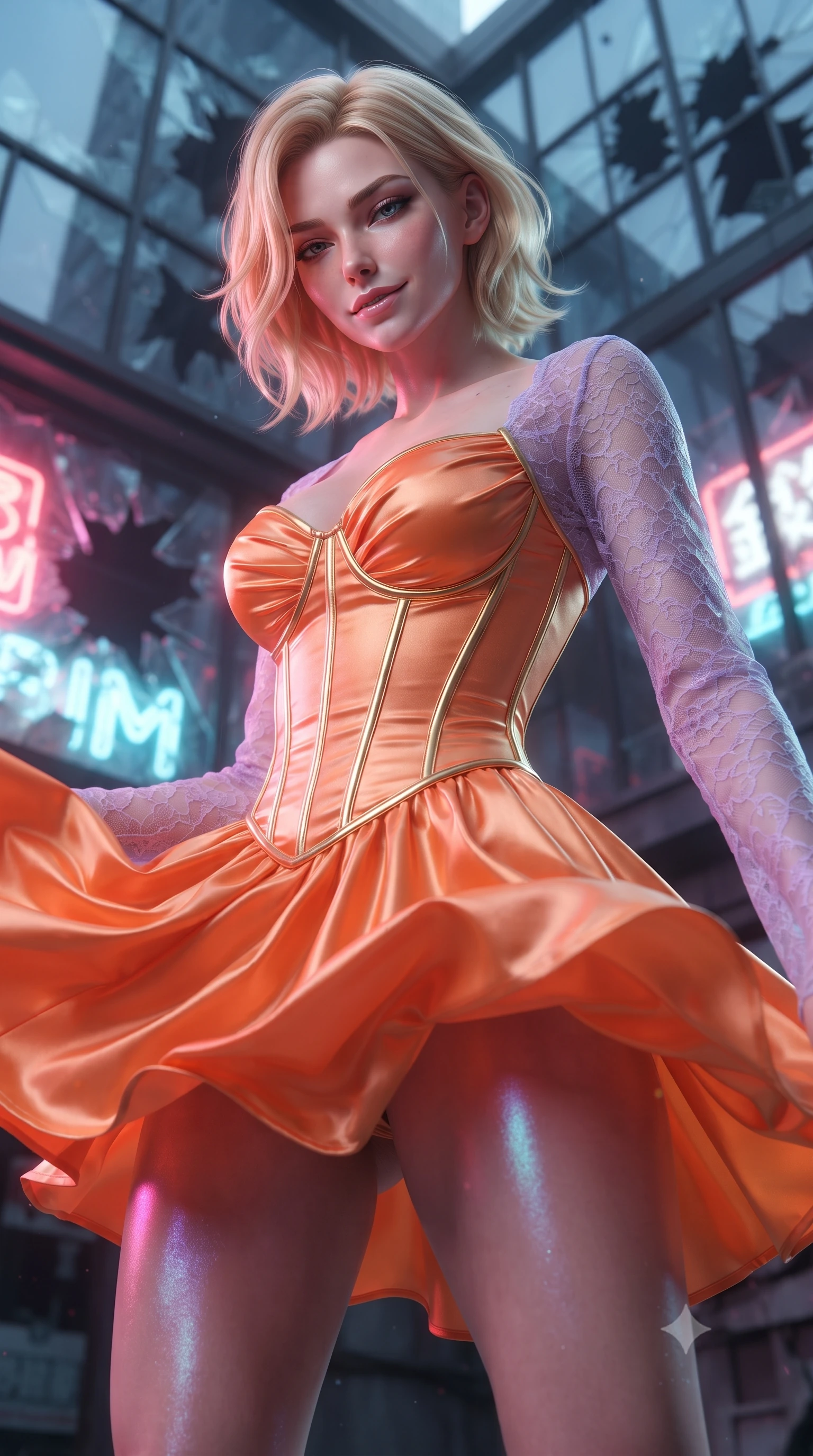 score_9, masterpiece, best quality, ultra-detailed, high-budget anime keyframe, editorial fashion photography, tasteful artistic composition, realistic cosplay photography, Caucasian woman, strictly human ears. close-up cowboy shot from the waist and thighs up, the character dominates the composition, filling the frame with her large presence, background elements kept in soft focus. Looking down at the opponent with quiet, menacing intensity and a cold half-smile. set against a soft-focus background of the rooftop of a cyberpunk skyscraper tilting and collapsing, neon signs shattering and glass panels sliding off the facade. She has an exceptionally elegant and slender, willowy female figure with an ultra-slim waist, a gracefully sculpted slender torso, and a refined slim physique. sharp v-shaped jawline, high-bridge nose, intricate jewel-like eyes with depth, thick eyelashes, glossy lips with a natural sheen. wearing the lightweight fabric rippling and billowing dramatically with her movement, a form-contouring corset mini dress in bright tangerine satin, featuring visible gold bone structure and attached sheer lilac lace sleeves. starlight and nebula glow casting soft cosmic pink and cyan highlights on her form. ultra-reflective glossy finish, specular highlights, metallic sheen, high-contrast stereoscopic depth, volumetric dynamic lighting, 2k, ultra detail, master piece, 9:16 ratio