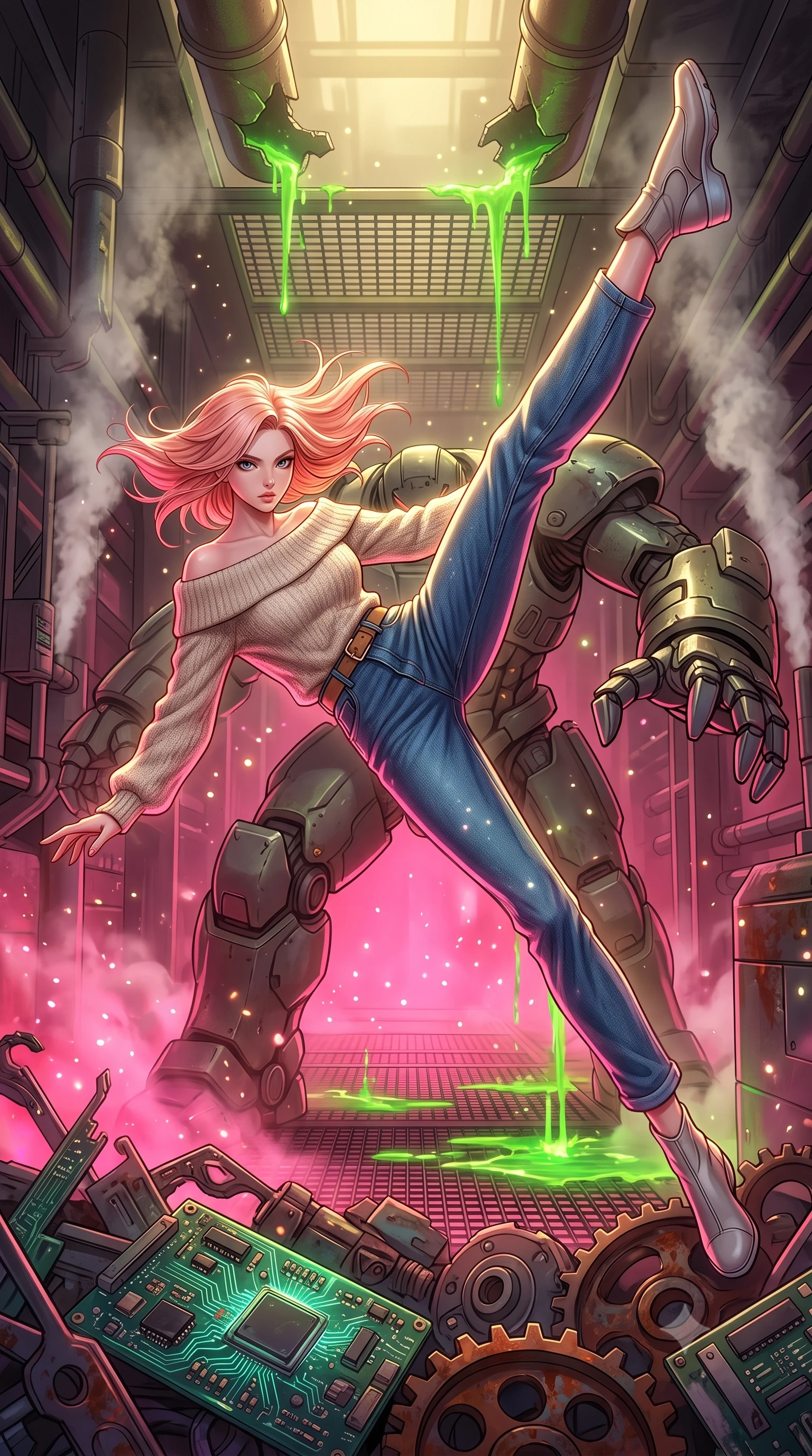 score_9, masterpiece, best quality, ultra-detailed, high-budget anime keyframe, editorial fashion photography, tasteful artistic composition, Japanese woman. low angle full-body shot from head to toe showing her feet, filling the entire 9:16 vertical frame with her statuesque presence, stretching her vertical silhouette. acrobatically dodging a heavy mech's swipe by vaulting off a pile of cybernetic debris through a factory corridor with broken pipes leaking glowing green acid onto a grid metal catwalk, steam rising in columns. She has a statuesque 8.5-heads proportion, an exceptionally tall, slender and willowy model-like build with impossibly long legs and a highly sculpted ultra-slim waist. sharp v-shaped jawline, high-bridge nose, intricate jewel-like eyes with depth, thick eyelashes, glossy lips with a natural sheen. wearing catching and diffusing the glowing particles, shimmering softly in response to the surrounding light, a slim-fit oatmeal cashmere off-shoulder knit sweater layered over high-waisted raw blue denim and a camel suede belt. highly saturated vibrant anime colors, intense vivid color palette, soft 3D volumetric shading, volumetric dynamic lighting, dramatic contrast of hot pink furnace glow from below and cool golden light from above. 2k, ultra detail, master piece, 9:16 ratio