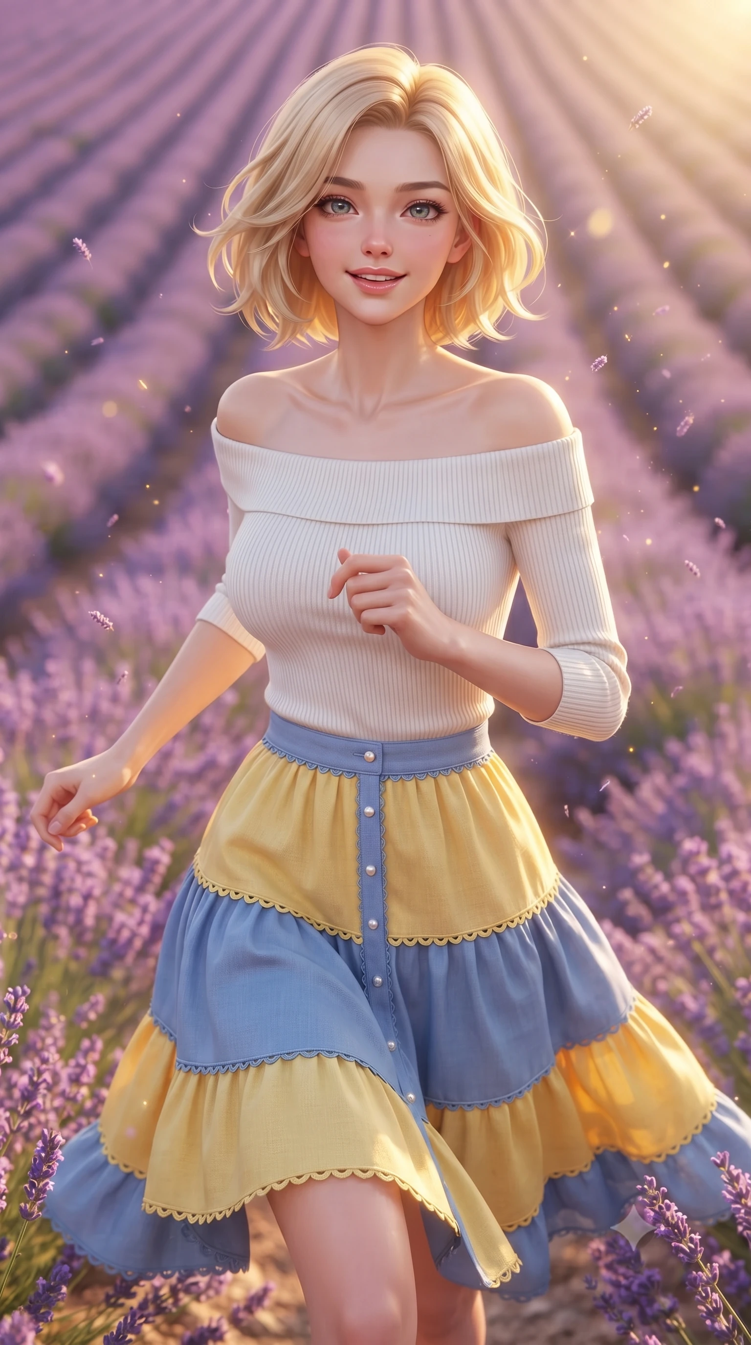 score_9, masterpiece, best quality, ultra-detailed, high-budget anime keyframe, editorial fashion photography, tasteful artistic composition, Caucasian woman. close-up cowboy shot from the waist and thighs up, the character dominates the composition, filling the frame with her large presence. smiling warmly with slightly parted glossy lips and a lovely expression, her upper body turning dynamically toward the camera while running playfully through endless rolling rows of violet lavender under a warm golden Mediterranean sun. The composition keeps background elements in soft focus with creamy bokeh. golden summer sunlight and floating lavender pollen grains scattering radiant light motes. She has an exceptionally elegant, slender, and willowy female figure with an ultra-slim waist, a gracefully sculpted slender torso, toned flat midriff, and a refined slim silhouette. sharp v-shaped jawline, high-bridge nose, intricate jewel-like eyes with depth, thick eyelashes, glossy lips with a natural sheen, pure and lovely fresh girlhood expression, flawlessly proportioned anatomical accuracy, strict slender model proportions, natural body alignment, perfectly sculpted long slender limbs, ultra-slim waistline, clean dynamic posture without body distortion. wearing a fresh off-shoulder ribbed knit top paired with a tiered white cotton midi skirt in sunny daffodil yellow and french blue, tailored from crisp organic cotton poplin, finished with delicate scallop trims and tiny pearl buttons, the relaxed yet flattering fit accentuating her naturally graceful and slender figure, highlighting her youthful charm and lovely silhouette. surrounded by a romantic, sweet, and wonderfully heartwarming cottagecore girlhood aura. ultra-reflective glossy finish, specular highlights, rich natural textures, high-contrast stereoscopic depth, volumetric dynamic lighting, 2k, ultra detail, master piece, 9:16 ratio