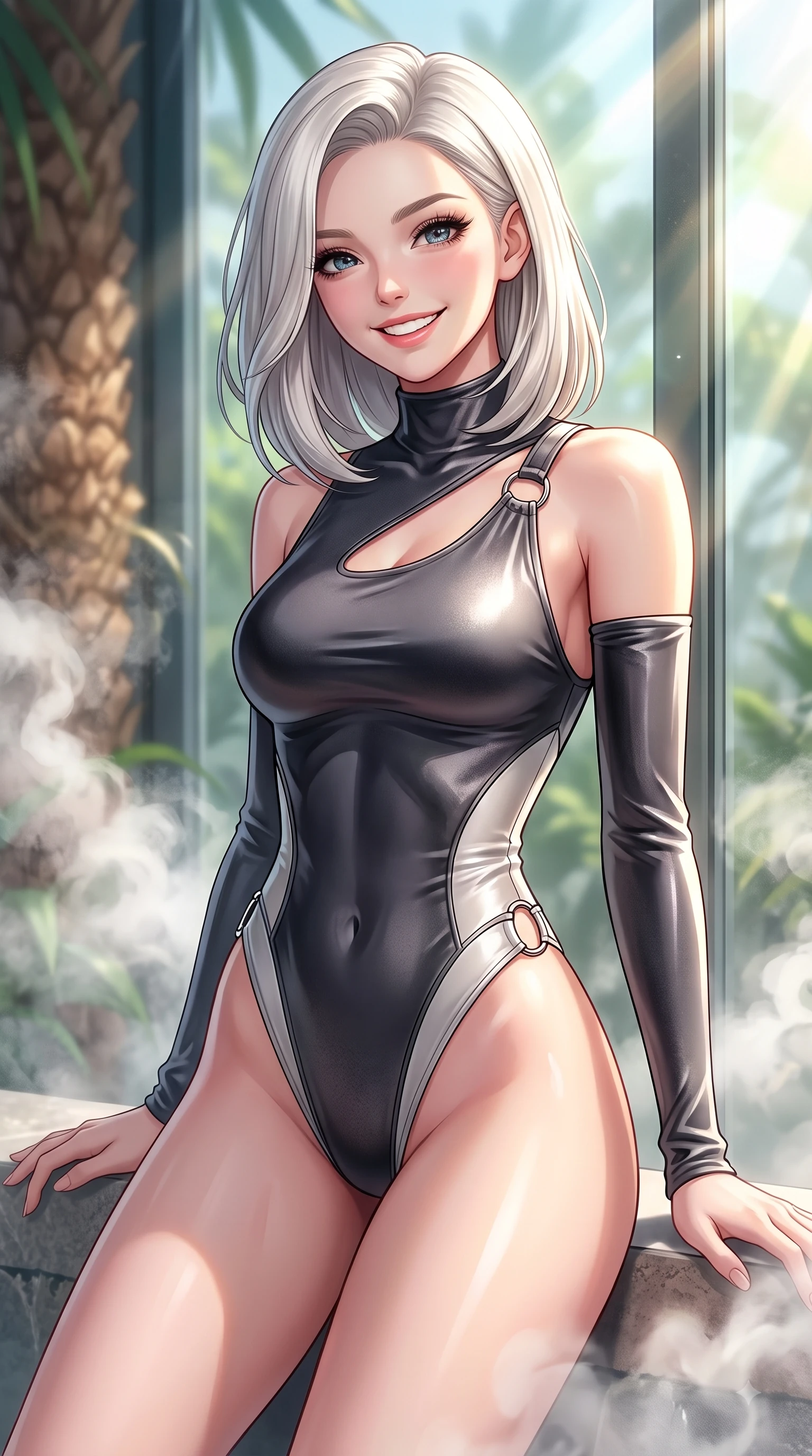 score_9, masterpiece, best quality, ultra-detailed, high-budget anime keyframe, editorial fashion photography, tasteful artistic composition, Caucasian woman. close-up cowboy shot from the waist and thighs up, the character dominates the composition, filling the frame with her large presence, background elements kept in soft focus. Radiant youthful grin reflecting college charm while casting a playful, joyful side-gaze with heavy lashes while resting near a sunlit glass wall as tropical sunbeams highlight her fresh youthful figure, swirling steam clouds from misting fountains adding a magical tropical humidity. She has an exceptionally elegant, slender, and willowy female figure with an ultra-slim waist, a gracefully sculpted slender torso, and a refined silhouette. sharp v-shaped jawline, high-bridge nose, intricate jewel-like eyes with depth, thick eyelashes, glossy lips with a natural sheen, flawlessly proportioned anatomical accuracy, natural body alignment, perfectly sculpted elegant limbs, clean dynamic posture without body distortion. wearing an asymmetrical high-cut tech-bodysuit with detached sleeves in charcoal grey and platinum, made of premium stretch velvet with a rich sheen, accented with delicate chrome ring hardware framing her waist, the sleek second-skin texture accentuating her magnetic presence. bathed in brilliant golden sunlight and fresh green botanical ambient glow. highly saturated vibrant anime colors, detailed shading with soft gradients, rich glossy textures, high-contrast stereoscopic depth, volumetric dynamic lighting, master piece, 9:16 ratio