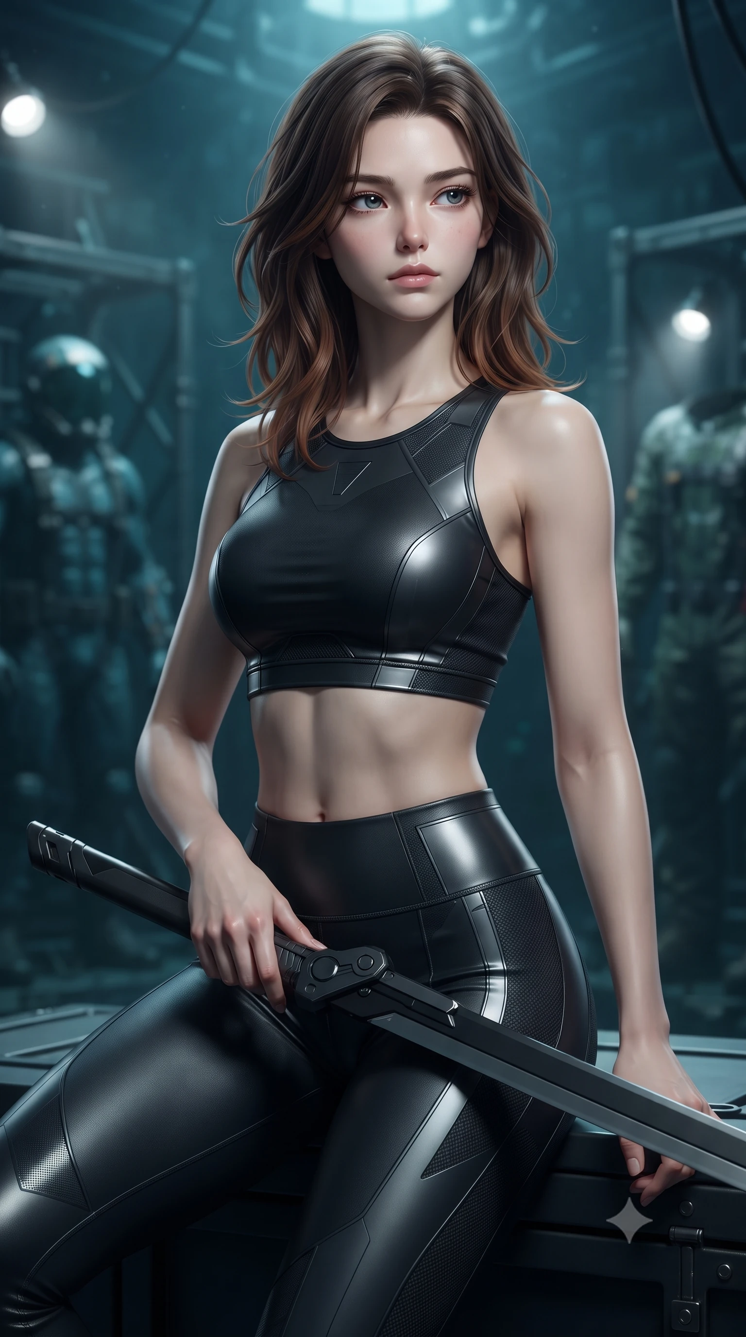 score_9, masterpiece, best quality, ultra-detailed, high-budget anime keyframe, editorial fashion photography, tasteful artistic composition, Korean woman. close-up cowboy shot from the waist and thighs up, the character dominates the composition, filling the frame with her large presence, background elements kept in soft focus. holding a deactivated nanotech glaive, looking past the camera with quiet, sharp focus and a composed expression, the background shows a soft-focus a secret underwater hangar bay with steel scaffolds and diving armor suits. She has an exceptionally elegant, slender, and willowy female figure with an ultra-slim waist, a gracefully sculpted slender torso, and a refined silhouette. sharp v-shaped jawline, high-bridge nose, intricate jewel-like eyes with depth, thick eyelashes, glossy lips with a natural sheen. wearing a form-contouring form-fitting athletic crop top and matching high-waisted compression leggings in sleek carbon-black tech fabric. focused white halogen spotlights casting sharp, detailed shadows across her build. ultra-reflective glossy finish, specular highlights, metallic sheen, high-contrast stereoscopic depth, volumetric dynamic lighting, 2k, ultra detail, master piece, 9:16 ratio