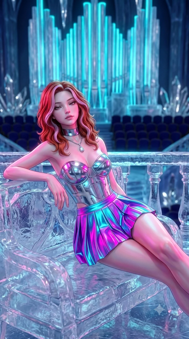 score_9, masterpiece, best quality, ultra-detailed, high-budget anime keyframe, semi-realistic 3D game render, editorial fashion photography, tasteful artistic composition, Caucasian woman. close-up cowboy shot from the waist and thighs up, the character dominates the composition, filling the frame with her large presence. leaning back against the balustrade with relaxed seductive grace, head tilted back slightly while casting a hypnotic, heavy-lidded gaze while lounging gracefully across the carved ice settee propped on one elbow with legs extended, displaying her long slender limbs and statuesque hourglass silhouette with regal anime flair. The background shows a soft-focus towering translucent ice organ pipes glowing with pulsing cyan neon, fluttering silver specular ice crystals, and velvet opera stalls blurred into cyan, silver, and indigo bokeh. She has an exceptionally elegant, slender, and willowy female figure with an ultra-slim waist, flat toned midriff, narrow ribcage, and sculpted feminine hips creating an alluring, slim hourglass silhouette without bulk. sharp v-shaped jawline, high-bridge nose, intricate jewel-like sparkling eyes with depth, thick eyelashes, glossy parted lips with a natural peach sheen, bright cheerful beaming smile with an enchanting and coquettish sensual glint, exuding both youthful cute charm and seductive allure, flawlessly proportioned anatomical accuracy, strict slender model proportions, natural body alignment, perfectly sculpted long slender limbs, ultra-slim waistline, clean dynamic posture without body distortion. wearing a chrome-plated structured underwire bustier top paired with an ultra-short low-rise pleated micro mini skirt in Neo-Shinjuku neon magenta and electric cyan, woven from stretch metallic lurex jersey casting radiant starlight glints across her curves, finished with a minimalist chrome choker and a single teardrop diamond pendant, the second-skin tailored fabric adhering flawlessly to her sculpted flat midriff and slender torso, emphasizing her long leg lines and perfectly proportioned willowy build. bathed in high-contrast cyan neon aria pulses contrasted with deep velvety indigo stage shadows. highly saturated vibrant anime colors, detailed shading with soft gradients, rich glossy textures, high-contrast stereoscopic depth, volumetric dynamic lighting, master piece, 9:16 ratio
