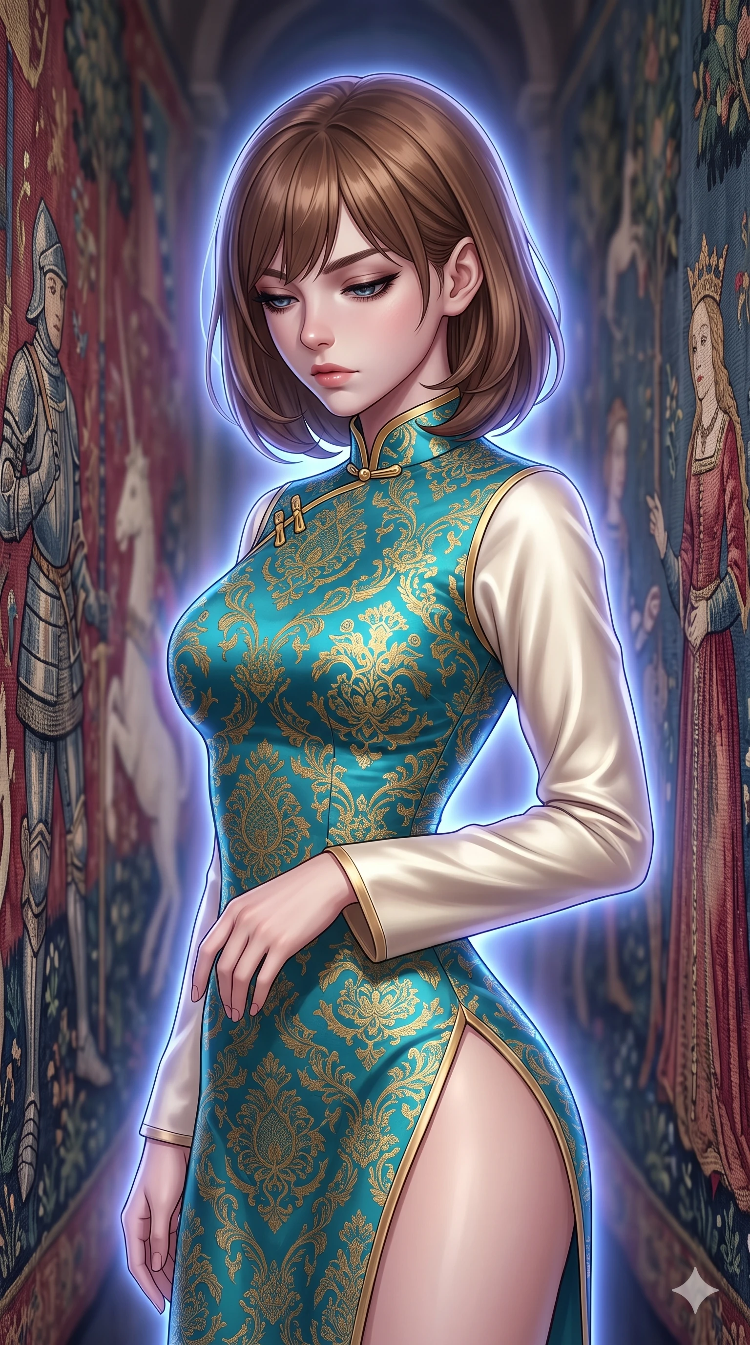 score_9, masterpiece, best quality, ultra-detailed, high-budget anime keyframe, editorial fashion photography, tasteful artistic composition, Caucasian woman, strictly human ears. close-up cowboy shot from the waist and thighs up, the character dominates the composition, filling the frame with her large presence, background elements kept in soft focus. Looking down with lowered lashes and a composed powerful expression. set against a soft-focus background of navigating through towering walls made of animated medieval tapestries where richly embroidered figures of knights unicorns and queens move gesture and follow with their stitched eyes. She has an exceptionally elegant and slender, willowy female figure with an ultra-slim waist, a gracefully sculpted slender torso, and a refined slim physique. sharp v-shaped jawline, high-bridge nose, intricate jewel-like eyes with depth, thick eyelashes, glossy lips with a natural sheen. wearing a contemporary qipao-inspired dress in vibrant teal and gold brocade, featuring a mandarin collar and elegant ivory satin long sleeves. cool ethereal blue-violet bioluminescent glow wrapping around her from all sides. 2k, ultra detail, master piece, 9:16 ratio