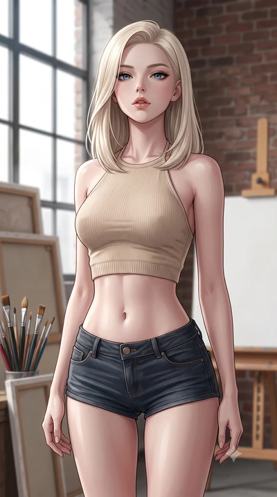 score_9, masterpiece, best quality, ultra-detailed, high-budget anime keyframe, editorial fashion photography, tasteful artistic composition, Caucasian woman woman. close-up cowboy shot from the waist and thighs up, the character dominates the compos