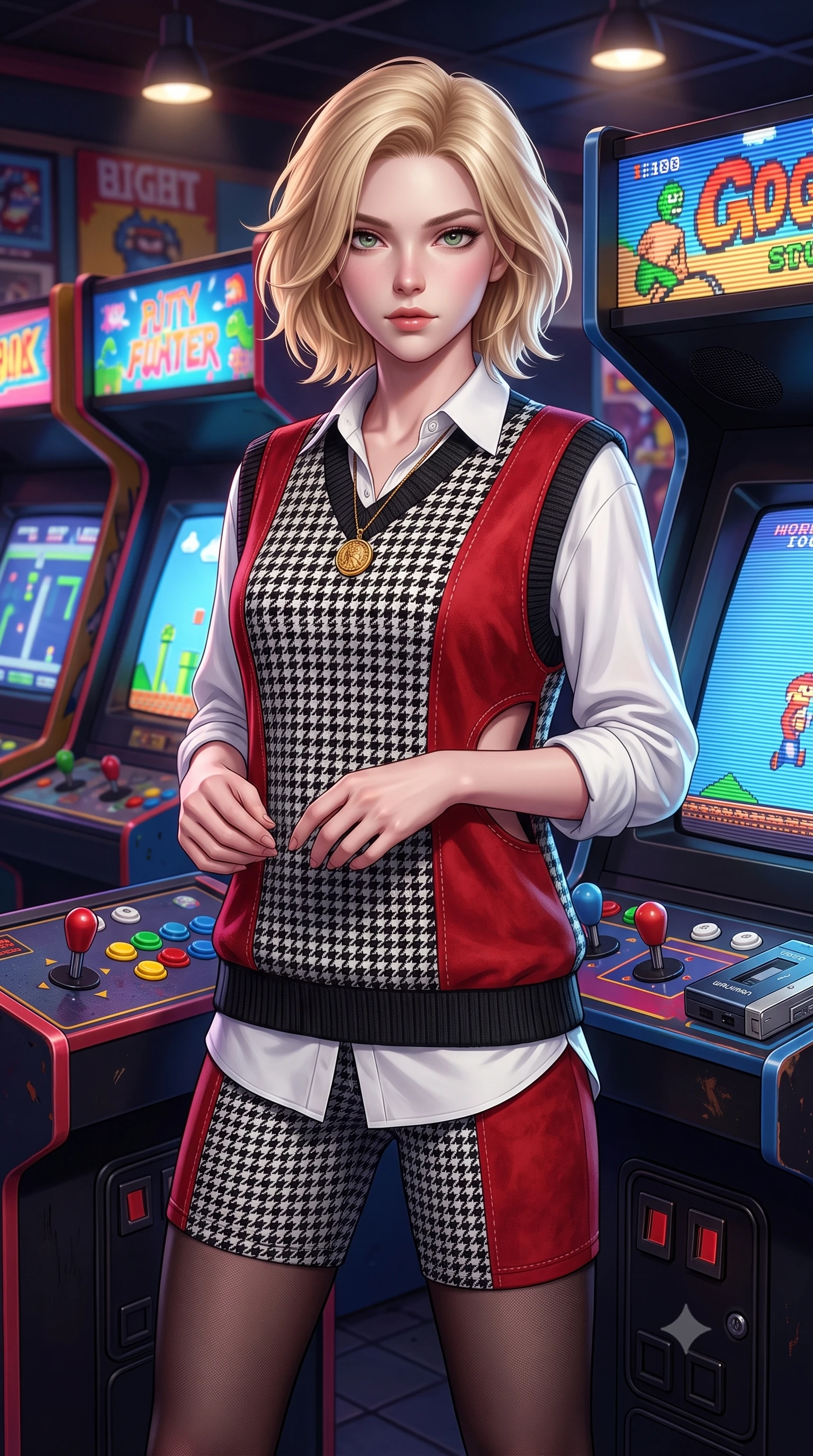 score_9, masterpiece, best quality, ultra-detailed, high-budget anime keyframe, semi-realistic 3D game render, editorial fashion photography, tasteful artistic composition, Caucasian woman. close-up cowboy shot from the waist and thighs up, the character dominates the composition, filling the frame with her large presence. holding her hands loosely in front with regal, aristocratic poise, radiating an overwhelming high-society aura while pivoting dynamically between colorful arcade cabinets as 8-bit CRT screens flash vibrant pixel art across her stylish outfit. The surrounding environment is rendered in vivid detail and crisp panoramic clarity. sharp CRT monitor scanlines, coin-op joystick and button details, and retro Walkman metallic casing in deep focus. She has an exceptionally elegant, slender, and willowy female figure with an ultra-slim waist, a gracefully sculpted slender torso, toned flat midriff, and a refined slim silhouette. sharp v-shaped jawline, high-bridge nose, intricate jewel-like eyes with depth, thick eyelashes, glossy lips with a natural sheen, captivating and magnetic expression, flawlessly proportioned anatomical accuracy, strict slender model proportions, natural body alignment, perfectly sculpted long slender limbs, ultra-slim waistline, clean dynamic posture without body distortion. wearing an oversized 90s knit sweater vest worn over a crisp white boyfriend shirt and cycling shorts in classic monochrome houndstooth and cherry red, tailored from velvety soft genuine suede with classic stitched seams, accented with a vintage gold coin pendant necklace and dark sheer tights, the precision-cut daring openings accentuating her delicate midriff, graceful bare collarbones, and ultra-slim feminine waistline. illuminated by crisp directional highlights defining her toned midriff, slender waist, and long legs. highly saturated vibrant anime colors, detailed shading with soft gradients, rich glossy textures, high-contrast stereoscopic depth, volumetric dynamic lighting, master piece, 9:16 ratio