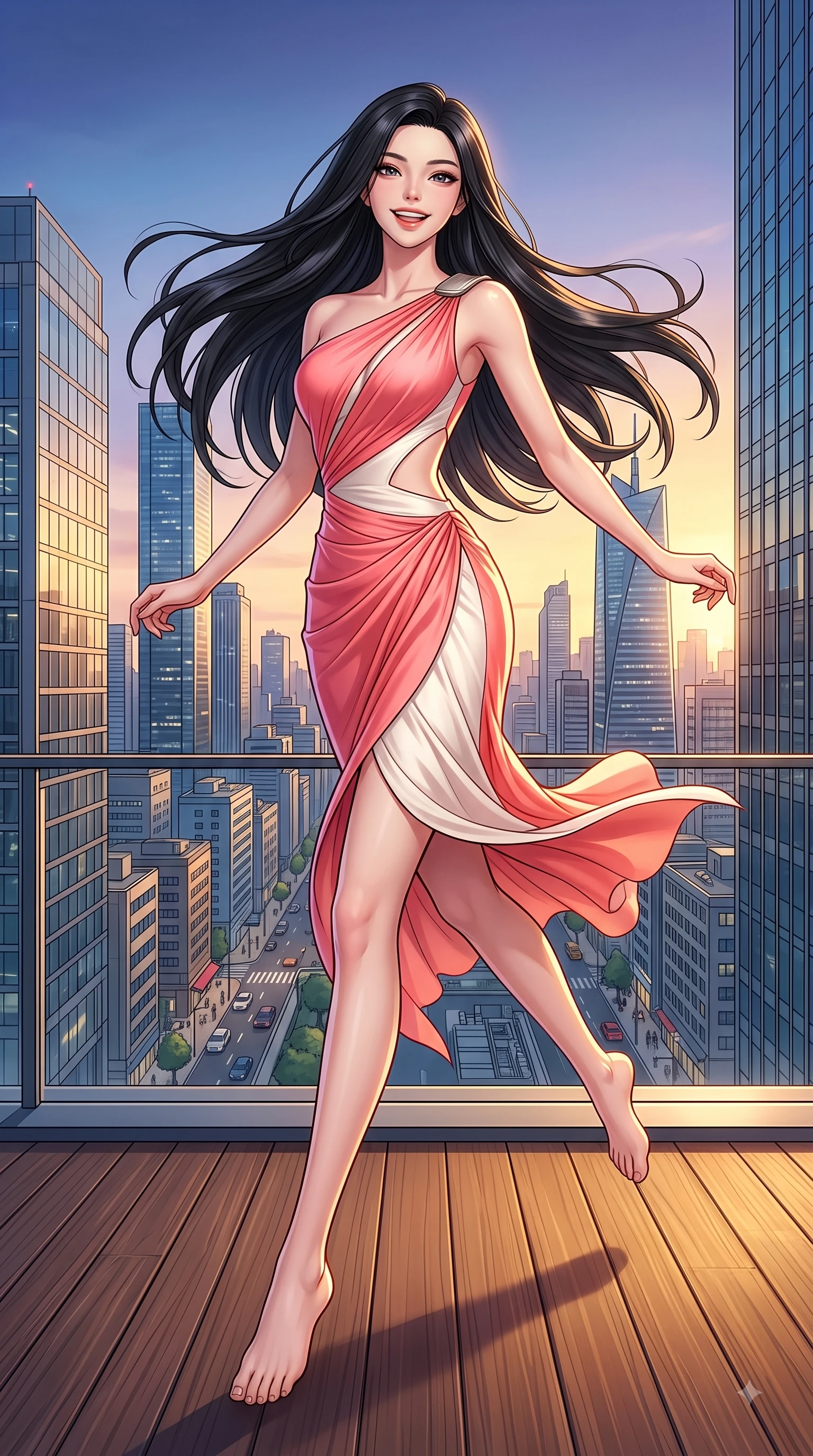 score_9, masterpiece, best quality, ultra-detailed, high-budget anime keyframe, editorial fashion photography, tasteful artistic composition, Korean woman. low angle full-body shot from head to toe showing her feet, filling the entire 9:16 vertical frame with her statuesque presence, stretching her vertical silhouette. leaping with pure youthful energy through the scene with a radiant bright smile, her long slender legs balanced gracefully while walking down a sunlit rooftop deck as golden hour paints the modern urban towers. The surrounding environment is rendered in vivid detail and crisp panoramic clarity. intricate city skyline details, twilight sky gradients, and modern architectural lines in high clarity. She has an absolutely perfect, statuesque 8.5-heads proportion, an exceptionally tall and slender model-like female figure with impossibly long slender legs and an ultra-slim waist. sharp v-shaped jawline, high-bridge nose, intricate jewel-like eyes with depth, thick eyelashes, glossy lips with a natural sheen, flawlessly proportioned anatomical accuracy, natural body alignment, perfectly sculpted elegant limbs, clean dynamic posture without body distortion. wearing an asymmetrical draped chiffon midi dress with a sleek shoulder accent in vibrant coral pink and pure ivory, crafted from smooth liquid silk satin, complemented by clean architectural cutouts along her slender torso, the form-contouring material highlighting her ultra-slim waist and long lines. surrounded by a sophisticated, glamorous, and modern nightlife aura. highly saturated vibrant anime colors, detailed shading with soft gradients, rich glossy textures, high-contrast stereoscopic depth, volumetric dynamic lighting, master piece, 9:16 ratio