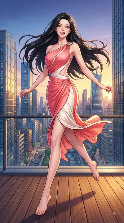 score_9, masterpiece, best quality, ultra-detailed, high-budget anime keyframe, editorial fashion photography, tasteful artistic composition, Korean woman. low angle full-body shot from head to toe showing her feet, filling the entire 9:16 vertical f