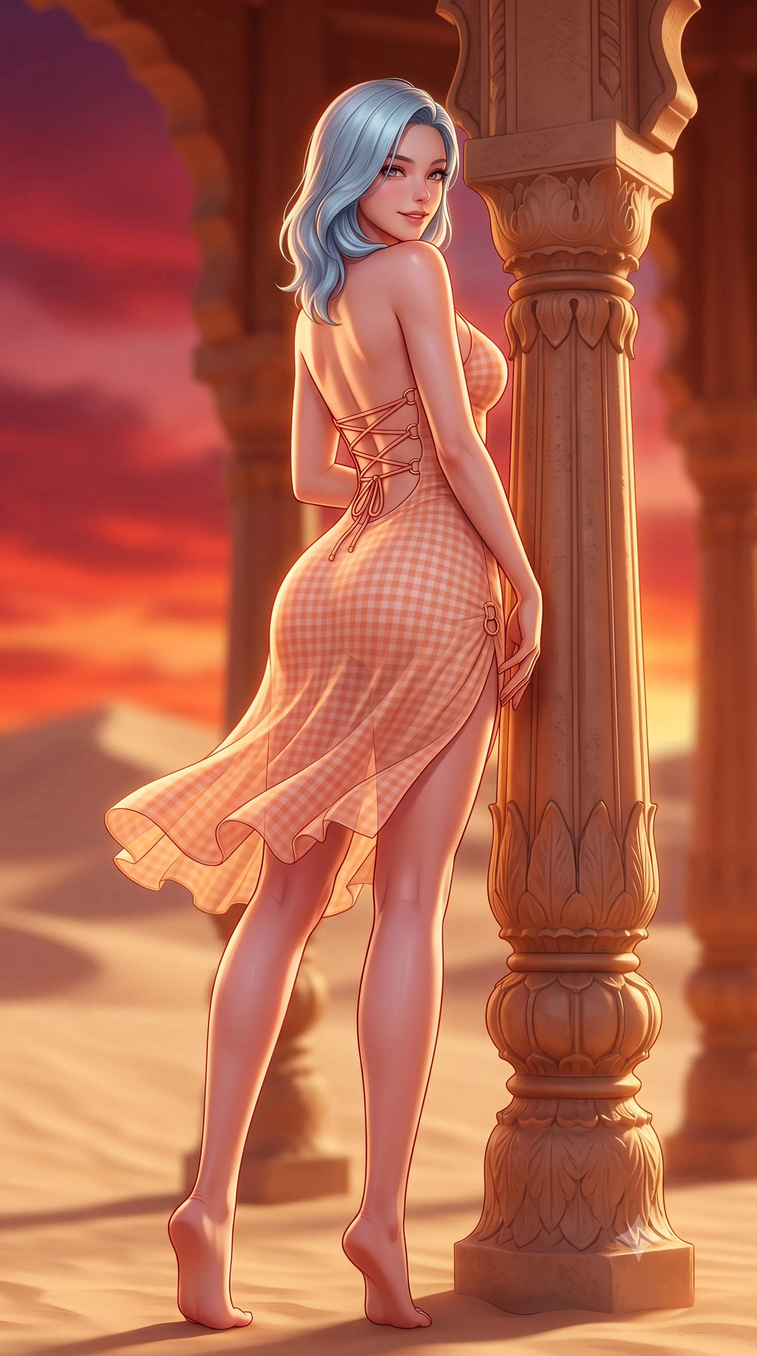 score_9, masterpiece, best quality, ultra-detailed, high-budget anime keyframe, semi-realistic 3D game render, editorial fashion photography, tasteful artistic composition, Korean woman. low angle full-body shot from head to toe showing her feet, filling the entire 9:16 vertical frame with her statuesque presence, stretching her vertical silhouette. posing with back turned slightly to the lens, glancing back with an enchanting, playful smile as she arches her lower back to emphasize her sculpted feminine hips and slender waist while leaning against a carved desert pavilion pillar with hips cocked back, looking back over a bare shoulder with dangerous, smoldering bedroom-eyes. The composition keeps background elements in soft focus with dreamy creamy bokeh. rippling golden sand dunes stretching to infinity beneath a fiery crimson sunset sky blurred into deep copper, carmine, and gold bokeh. She has an exceptionally tall and slender model-like 8.5-heads proportion, an ultra-slim waist, a flat toned midriff, narrow delicate ribcage, and beautifully sculpted feminine hips creating a graceful, slim hourglass silhouette without any bulky heaviness, with impossibly long slender legs. sharp v-shaped jawline, high-bridge nose, sparkling amber-hazel eyes with depth, long lush eyelashes, glossy sun-kissed lips with a warm coral glaze, radiant teasing smile with sensual sunlit bedroom-eyes, exuding effortless old-money elegance and intoxicating sun-drenched allure, flawlessly proportioned anatomical accuracy, strict slender model proportions, natural body alignment, perfectly sculpted long slender limbs, ultra-slim waistline, clean dynamic posture without body distortion. wearing a backless lace-up gingham sundress in soft apricot with a form-fitting bodice and hip-defining silhouette in soft peach blossom pink and warm apricot gold, tailored from airy semi-sheer chiffon that flutters gently in the evening breeze, accented with sculptural gold ring hardware framing the subtle side cutouts, the form-fitting cut adhering flawlessly to her sculpted flat midriff and slender torso, emphasizing her long leg lines and perfectly proportioned willowy build. illuminated by desert sand bounce fill and sharp warm-gold rim lights carving her razor-sharp jawline, narrow waist, and curvy hips. highly saturated vibrant anime colors, detailed shading with soft gradients, rich glossy textures, high-contrast stereoscopic depth, volumetric dynamic lighting, master piece, 9:16 ratio