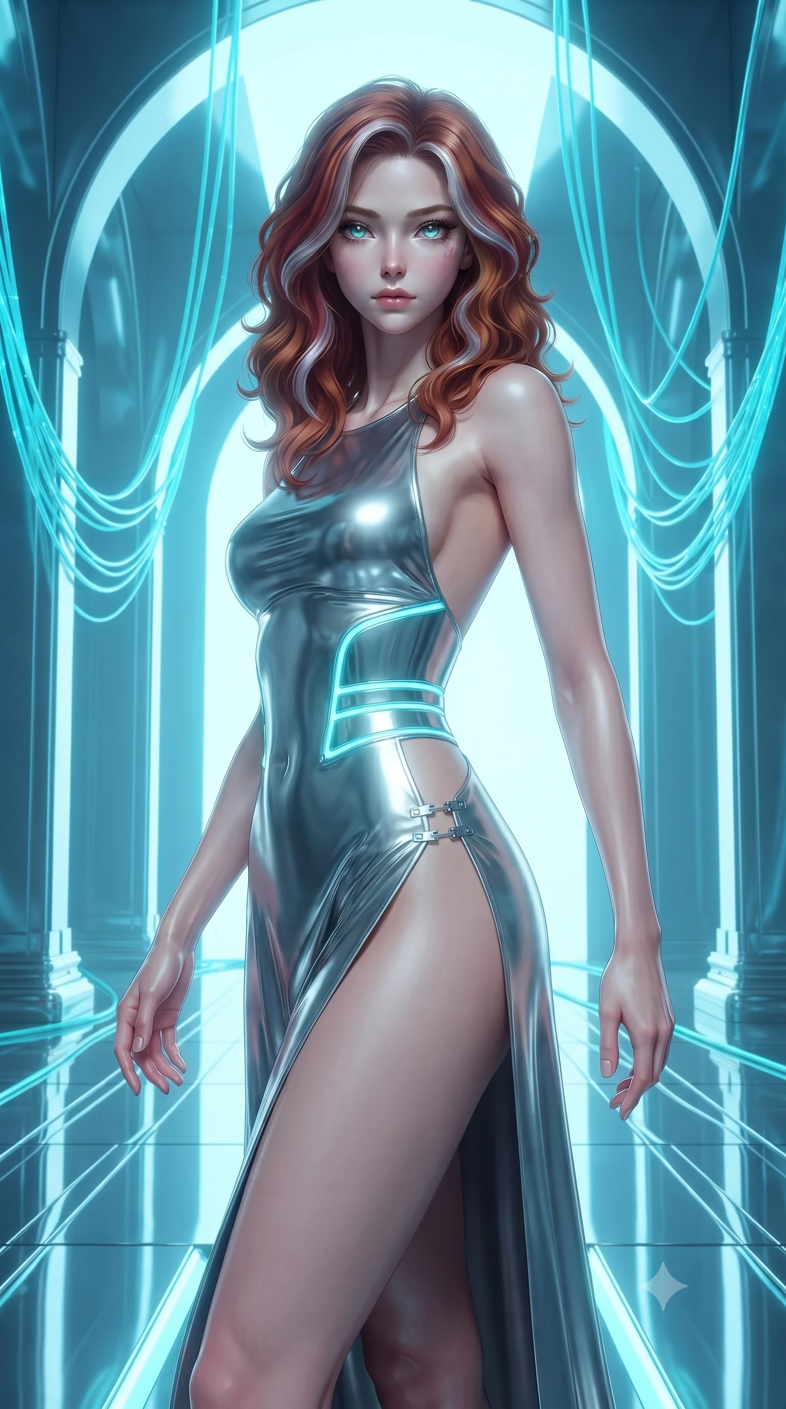 score_9, masterpiece, best quality, ultra-detailed, high-budget anime keyframe, editorial fashion photography, tasteful artistic composition, Caucasian woman. close-up cowboy shot from the waist and thighs up, the character dominates the composition, filling the frame with her large presence. gazing forward with divine sovereign poise, captivating jewel-like eyes shining with transcendent luminescence and alluring grace while pivoting dynamically on a mirrored chrome dais beneath soaring arches as glowing cyan fiber-optic cables cascade from the vaulted ceiling. The surrounding environment is rendered in vivid detail and crisp panoramic clarity. high-contrast futuristic chiaroscuro and sacred cybernetic architecture rendered with environmental sharpness. She has an exceptionally elegant, slender, and willowy female figure with an ultra-slim waist, a gracefully sculpted slender torso, toned flat midriff, and a refined slim silhouette. sharp v-shaped jawline, high-bridge nose, intricate jewel-like eyes with depth, thick eyelashes, glossy lips with a natural sheen, flawlessly proportioned anatomical accuracy, strict slender model proportions, natural body alignment, perfectly sculpted long slender limbs, ultra-slim waistline, clean dynamic posture without body distortion. wearing a backless molten silver liquid-metal gown with a high-cut side slit and precision-fitted waist boning in polished mirror chrome and glowing electric cyan neon, made of liquid jersey fabric that clings flawlessly to every contour of her build, finished with an ultra-high side slit secured by miniature magnetic clasps, the precision-cut daring openings accentuating her delicate midriff, graceful bare collarbones, and ultra-slim feminine waistline. bathed in brilliant neon cyan halo backlighting and polished chrome surface reflections. ultra-reflective glossy finish, specular highlights, dark metallic sheen, high-contrast stereoscopic depth, volumetric dynamic lighting, 2k, ultra detail, master piece, 9:16 ratio