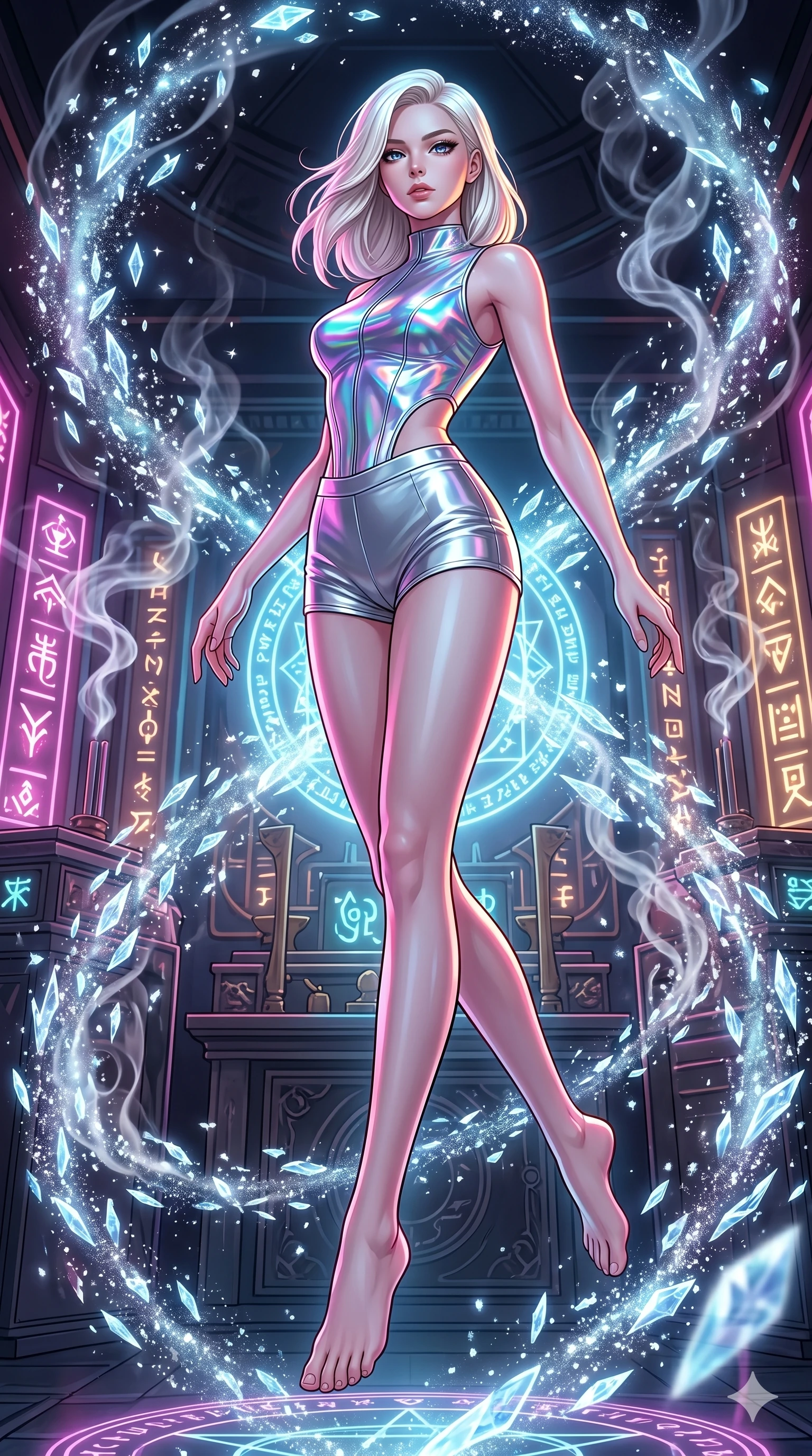 score_9, masterpiece, best quality, ultra-detailed, high-budget anime keyframe, editorial fashion photography, tasteful artistic composition, Caucasian woman, strictly human ears. low angle full-body shot from head to toe showing her feet, filling the entire 9:16 vertical frame with her statuesque presence, stretching her vertical silhouette. gracefully floating amidst through a techno-shamanic altar room with glowing cyber-symbols and incense smoke while delicate glowing ice crystals scatter in a glittering vortex. She has an absolutely perfect 8-heads proportion, an exceptionally tall and slender female figure with impossibly long slender legs and an ultra-slim waist. V-shaped jawline, high-bridge nose, intricate jewel-like eyes with depth, thick eyelashes, glossy lips with a natural sheen.. wearing a holographic liquid silk vest and silver metallic high-waist fitted shorts, featuring a architectural waist window detail and form-fitting silhouette. lit by high-contrast neon strobes that carve out her dynamic posture and V-shaped jawline. 2k, ultra detail, master piece, 9:16 ratio