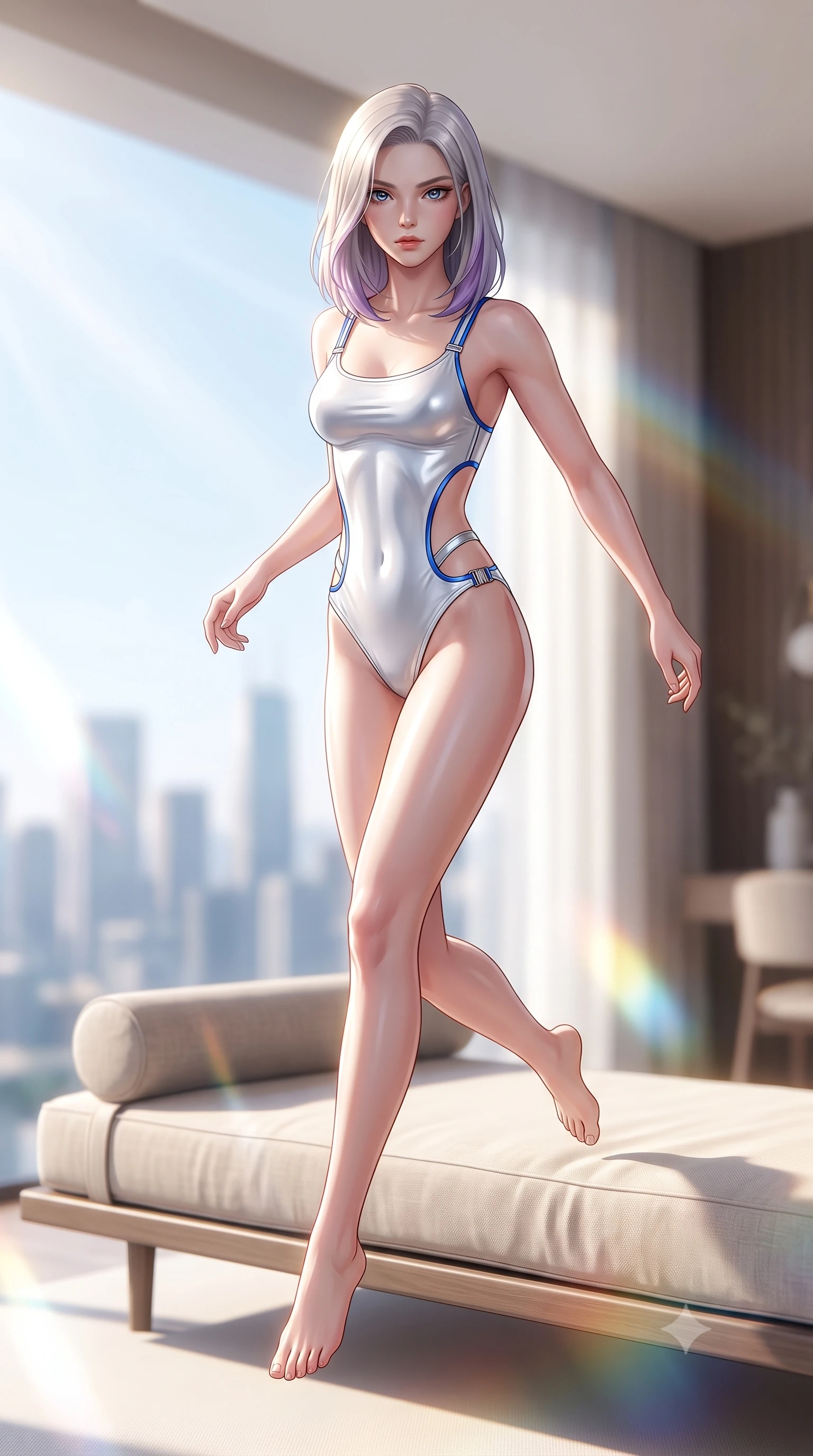 score_9, masterpiece, best quality, ultra-detailed, high-budget anime keyframe, semi-realistic 3D game render, editorial fashion photography, tasteful artistic composition, Caucasian woman. low angle full-body shot from head to toe showing her feet, filling the entire 9:16 vertical frame with her statuesque presence, stretching her vertical silhouette. performing an alluring mid-air vault with flawless poise, looking directly into the camera with smoldering intensity while lounging seductively in a minimalist designer daybed framed by bright morning sunbeams and city sky views. The composition keeps background elements in soft focus with creamy bokeh. streaming daylight creating soft, glowing ambient refractions across the background. She has an absolutely perfect, statuesque 8.5-heads proportion, an exceptionally tall and slender model-like female figure with impossibly long slender legs, a toned flat midriff, and an ultra-slim waist. sharp v-shaped jawline, high-bridge nose, intricate jewel-like eyes with depth, thick eyelashes, glossy lips with a natural sheen, flawlessly proportioned anatomical accuracy, strict slender model proportions, natural body alignment, perfectly sculpted long slender limbs, ultra-slim waistline, clean dynamic posture without body distortion. wearing a second-skin white liquid-mercury micro-bodysuit sculpted tightly to her slender build, featuring razor-thin metallic straps and hip cutouts in liquid electric cobalt blue and polished silver, formed from high-gloss patent material with specular light reflections, finished with an ultra-high side slit secured by miniature magnetic clasps, the precision-cut daring openings accentuating her delicate midriff, graceful bare collarbones, and ultra-slim feminine waistline. surrounded by a hyper-clean, sophisticated, and ultra-chic luxury editorial aura. highly saturated vibrant anime colors, detailed shading with soft gradients, rich glossy textures, high-contrast stereoscopic depth, volumetric dynamic lighting, master piece, 9:16 ratio
