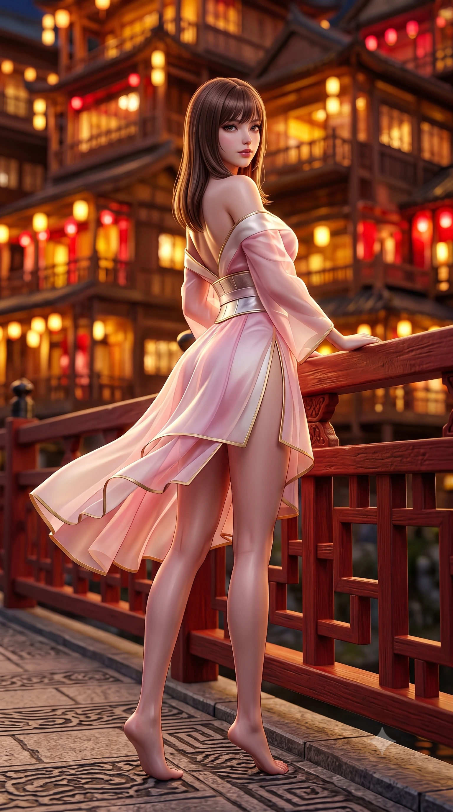 score_9, masterpiece, best quality, ultra-detailed, high-budget anime keyframe, semi-realistic 3D game render, editorial fashion photography, tasteful artistic composition, Korean woman. low angle full-body shot from head to toe showing her feet, filling the entire 9:16 vertical frame with her statuesque presence, stretching her vertical silhouette. executing a graceful dancer pivot turn as her layered silk chima skirt flutters around her slender legs, glancing over her shoulder with an intoxicating bedroom-gaze while leaning against the carved red timber railing with hips cocked back, looking over her shoulder with an intoxicating, smoldering half-smile. The background shows a soft-focus tiers of intricately stacked wooden stilt houses illuminated in blazing gold and crimson blurred into amber, gold, and ruby bokeh. She has an absolutely perfect, statuesque 8.5-heads proportion, an exceptionally tall and slender model-like female figure with impossibly long slender legs, an ultra-slim waist, a flat toned midriff, narrow delicate ribcage, and beautifully sculpted feminine hips creating a graceful, slim hourglass silhouette without any bulky heaviness. sharp v-shaped jawline, high-bridge nose, intricate jewel-like dark sparkling almond eyes with depth, thick lashes, glossy parted lips with a natural rose-plum sheen, bright alluring and coquettish smile with bedroom-eyes, exuding both timeless oriental elegance and sovereign high-fashion allure, flawlessly proportioned anatomical accuracy, strict slender model proportions, natural body alignment, perfectly sculpted long slender limbs, ultra-slim waistline, clean dynamic posture without body distortion. wearing an asymmetric off-shoulder cyber-kimono mini dress with a wide metallic obi corset belt accentuating her narrow waist in soft cherry blossom pink and pearlescent ivory, tailored from sheer gossamer silk organza with an airy weightless flutter, finished with sharp laser-cut side hip slits framed by gold piping, the precision-cut side hip slits and low-back scoop framing her graceful spine and the sensual sweep of her slim, toned hips. illuminated by dark river surface reflection bounce and sharp gold rim lighting sculpting her razor-sharp jawline, narrow waist, and curvy hips. highly saturated vibrant anime colors, detailed shading with soft gradients, rich glossy textures, high-contrast stereoscopic depth, volumetric dynamic lighting, master piece, 9:16 ratio