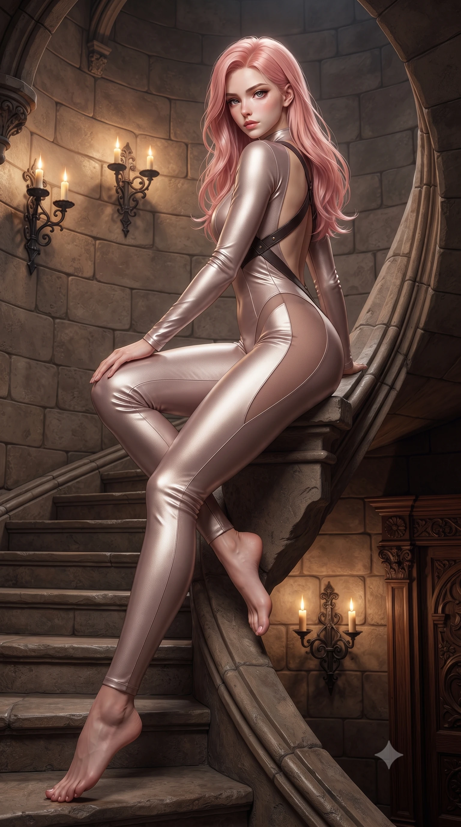 score_9, masterpiece, best quality, ultra-detailed, high-budget anime keyframe, editorial fashion photography, tasteful artistic composition, Japanese woman. low angle full-body shot from head to toe showing her feet, filling the entire 9:16 vertical frame with her statuesque presence, stretching her vertical silhouette. sitting perched on the elevated edge with hips angled toward the camera and legs crossed, displaying her toned midriff and flawlessly sculpted slender limbs while gliding down the spiraling stone castle staircase with supermodel poise, her high-slit skirt opening to reveal her long slender legs and curvy hips. The surrounding environment is rendered in vivid detail and crisp panoramic clarity. sharp aged castle masonry grain, wrought-iron wall sconces, and carved oak wood textures in deep focus. She has an exceptionally tall and slender model-like 8.5-heads proportion, an ultra-slim waist, a flat toned midriff, narrow delicate ribcage, and beautifully sculpted feminine hips creating a graceful, slim hourglass silhouette without any bulky heaviness, with impossibly long slender legs. sharp v-shaped jawline, high-bridge nose, intricate jewel-like eyes with depth, thick eyelashes, glossy parted lips with a natural sheen, intensely captivating and seductive bedroom-eyes expression, flawlessly proportioned anatomical accuracy, strict slender model proportions, natural body alignment, perfectly sculpted long slender limbs, ultra-slim waistline, clean dynamic posture without body distortion. wearing a liquid-silver aerodynamic space-couture catsuit with an open scooped back and sheer contouring mesh hip panels in dusky blush rose and shimmering champagne shimmer, formed from supple second-skin lambskin leather with specular sheen, featuring an open-back criss-cross harness strap in dark leather, the liquid-tight tailored fabric clinging flawlessly to her narrow waist and rounded feminine hips, emphasizing every millimeter of her sculpted slim hourglass curves without any bulky heaviness. surrounded by an aristocratic, untamed, and dangerously captivating Scottish highland duchess aura. ultra-reflective glossy finish, specular highlights, rich textural contrasts, high-contrast stereoscopic depth, volumetric dynamic lighting, 2k, ultra detail, master piece, 9:16 ratio