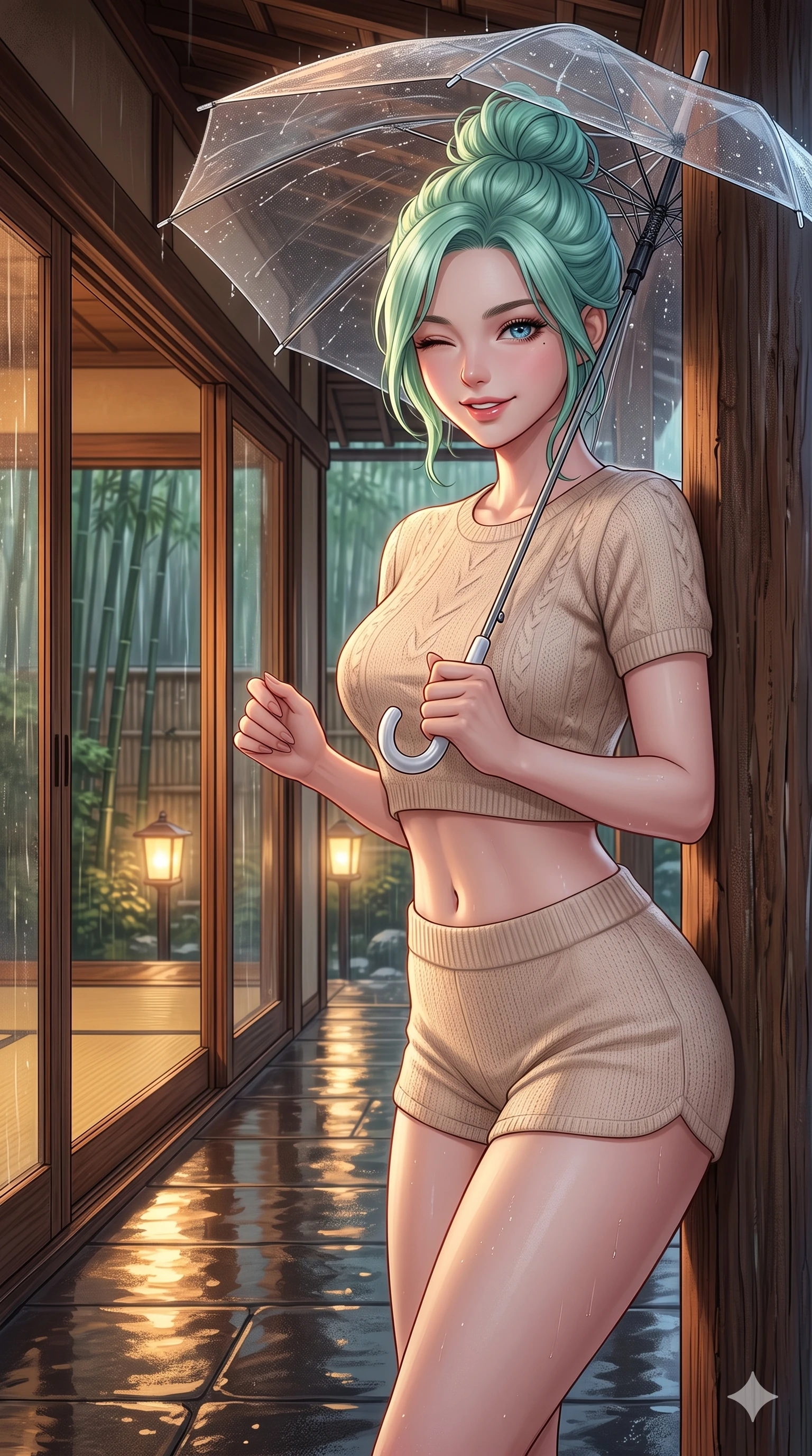 score_9, masterpiece, best quality, ultra-detailed, high-budget anime keyframe, vibrant anime aesthetic, Japanese woman. close-up cowboy shot from the waist and thighs up, the character dominates the composition, filling the frame with her large presence, background elements kept in soft focus. She is standing under a clear umbrella, winking playfully with a delightful smile, looking directly into the lens leaning against a rustic wooden column. the background shows a soft-focus warm, wood-paneled tea house veranda with large sliding glass doors facing a rain-swept bamboo garden (Code-P22-101). She has an absolutely perfect proportion, an exceptionally elegant and slender female figure with an ultra-slim waist. V-shaped jawline, high-bridge nose, intricate jewel-like eyes with depth, thick eyelashes, glossy lips with a natural sheen. wearing a cropped knit top paired with matching knit shorts in soft beige. She is illuminated by warm gaslight street lamps, casting soft reflections on wet pavements, outlining her elegant silhouette during the twilight rain. 2k, ultra detail, master piece, 9:16 ratio