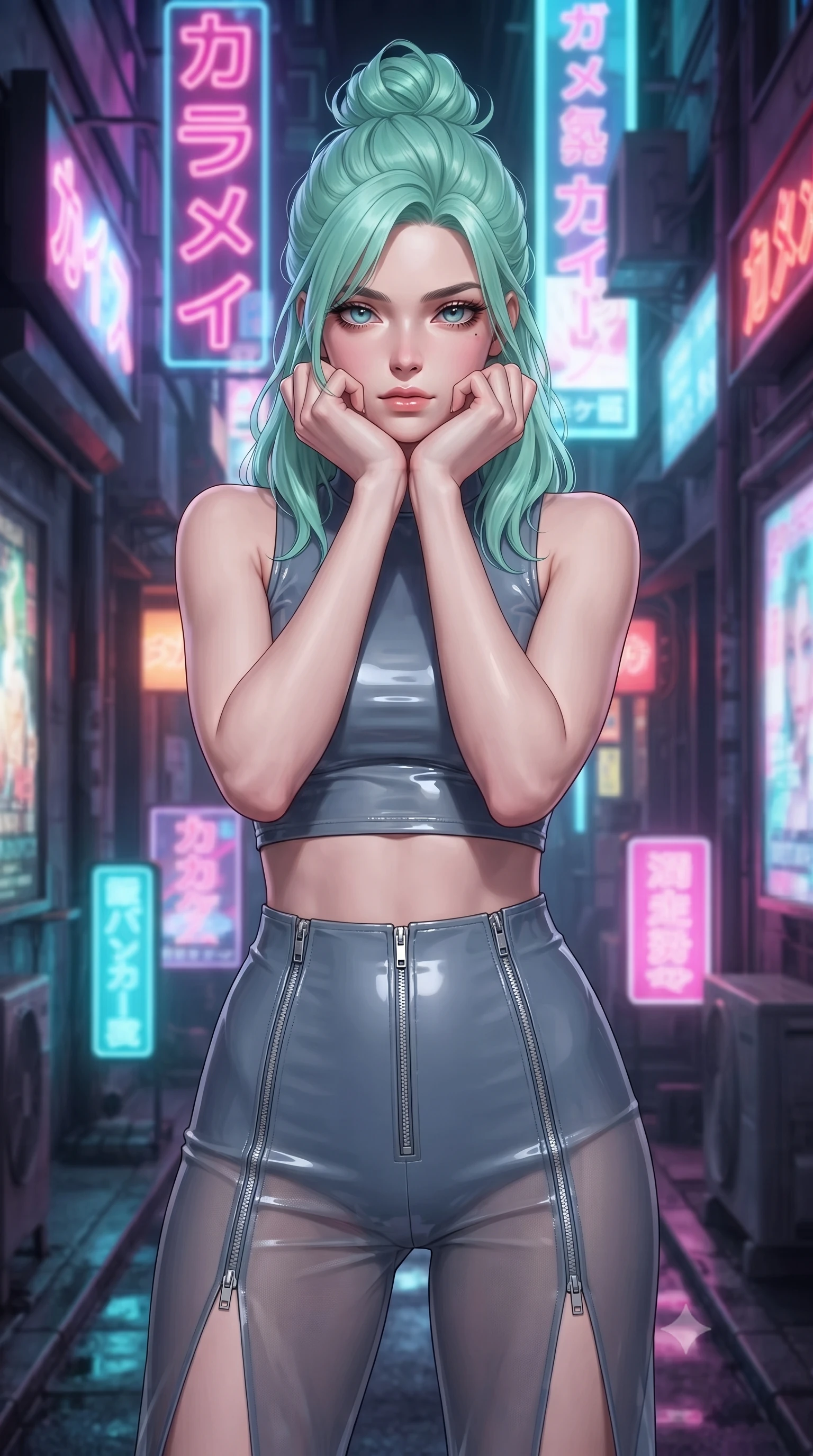 score_9, masterpiece, best quality, ultra-detailed, high-budget anime keyframe, editorial fashion photography, tasteful artistic composition, Japanese woman. close-up cowboy shot from the waist and thighs up, the character dominates the composition, filling the frame with her large presence, background elements kept in soft focus. Resting her chin on the backs of her fingers, casting a sharp, mysterious gaze navigating a narrow cybernetic alleyway filled with floating neon Japanese glyphs, dense holographic advertisements casting dynamic colorful shadows. She has an exceptionally elegant, slender, and willowy female figure with an ultra-slim waist, a gracefully sculpted slender torso, and a refined silhouette. sharp v-shaped jawline, high-bridge nose, intricate jewel-like eyes with depth, thick eyelashes, glossy lips with a natural sheen. wearing a glossy vinyl crop top and high-waist tailored leggings with sleek zippers in slate blue and metallic silver, woven from fine semi-opaque sheer organza, finished with a sleek side slit ascending to mid-thigh, the elegant draped fit framing her graceful clavicle and slender torso. surrounded by a high-energy futuristic nightlife atmosphere. ultra-reflective glossy finish, specular highlights, metallic sheen, high-contrast stereoscopic depth, volumetric dynamic lighting, 2k, ultra detail, master piece, 9:16 ratio