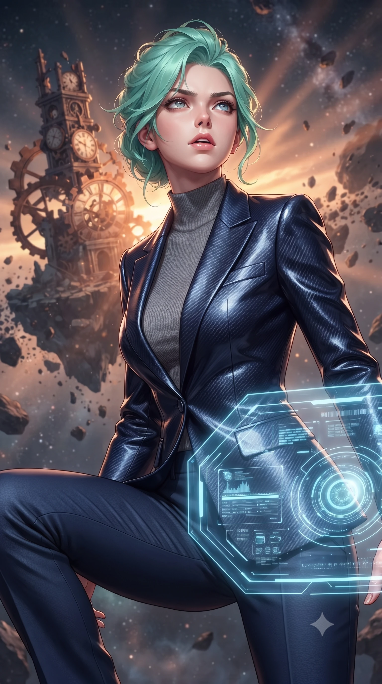 score_9, masterpiece, best quality, ultra-detailed, high-budget anime keyframe, editorial fashion photography, tasteful artistic composition, Japanese woman. close-up cowboy shot from the waist and thighs up, the character dominates the composition, filling the frame with her large presence, background elements kept in soft focus. crouching slightly behind a glowing holographic shield emitter, looking up with defiance and lips slightly parted, the background shows a soft-focus a ruined clocktower floating on a shattered asteroid surrounded by cosmic dust. She has an exceptionally elegant, slender, and willowy female figure with an ultra-slim waist, a gracefully sculpted slender torso, and a refined silhouette. sharp v-shaped jawline, high-bridge nose, intricate jewel-like eyes with depth, thick eyelashes, glossy lips with a natural sheen. wearing a body-hugging tailored carbon-fiber reinforced blazer in navy blue, worn closed over a high-neck grey knit top and slacks. warm orange sunset rays filtering through broken copper gears and clock faces. ultra-reflective glossy finish, specular highlights, metallic sheen, high-contrast stereoscopic depth, volumetric dynamic lighting, 2k, ultra detail, master piece, 9:16 ratio