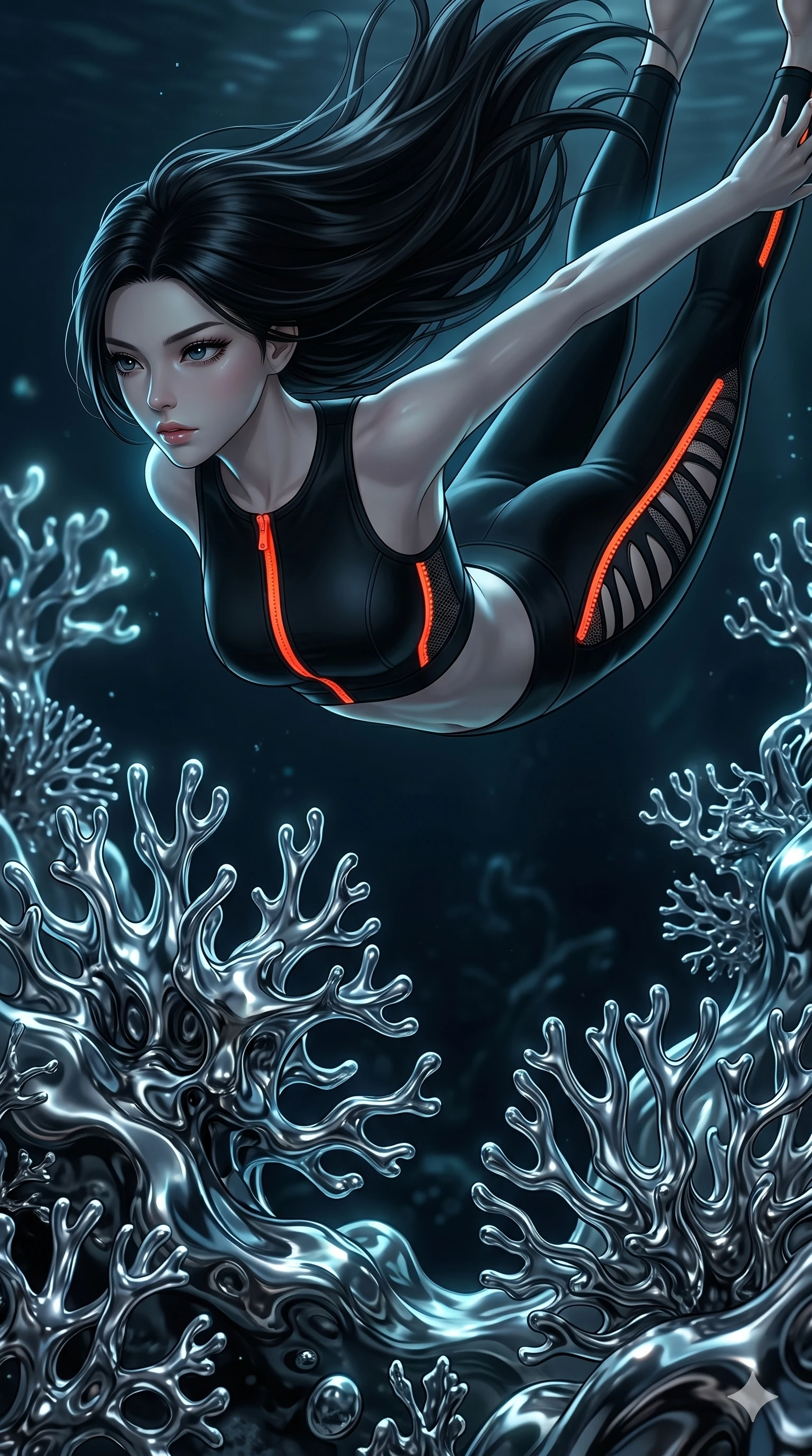 score_9, masterpiece, best quality, ultra-detailed, high-budget anime keyframe, Korean woman. upper body close-up from the thighs up, character filling the screen for maximum presence. diving through a bionic fluid mercury reef where self-replicating liquid chrome corals pulse under dark ocean water. She has an absolutely perfect 8-heads proportion, an exceptionally tall and slender female figure with impossibly long slender legs and an ultra-slim waist. V-shaped jawline, high-bridge nose, intricate jewel-like eyes with depth, thick eyelashes, glossy lips with a natural sheen.. wearing a second-skin neoprene cyber-athleisure set, featuring a tight crop top and leggings with fluorescent orange zipper accents and side slash panels. lit by a soft glowing ambient light and a sharp side key light that traces the sleek contours of her athletic build. 2k, ultra detail, master piece, 9:16 ratio