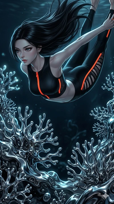 score_9, masterpiece, best quality, ultra-detailed, high-budget anime keyframe, Korean woman. upper body close-up from the thighs up, character filling the screen for maximum presence. diving through a bionic fluid mercury reef where self-replicating