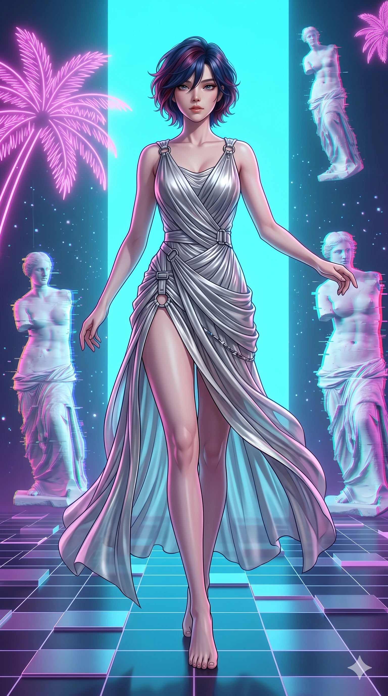 score_9, masterpiece, best quality, ultra-detailed, high-budget anime keyframe, Korean woman. low angle full-body shot filling the entire 9:16 frame with her statuesque presence, stretching the vertical silhouette. drifting through a holographic vaporwave oasis with floating grid floors, lo-fi marble statues, and glowing pink palms. She has an absolutely perfect 8-heads proportion, an exceptionally tall and slender female figure with impossibly long slender legs and an ultra-slim waist. V-shaped jawline, high-bridge nose, intricate jewel-like eyes with depth, thick eyelashes, glossy lips with a natural sheen.. wearing a draped Grecian cyber-gown, featuring draped silver metallic chiffon held by metal ring hardware, displaying a high-leg line. illuminated by dramatic chiaroscuro casting soft shadows along her curves, with vibrant backlighting highlighting the dust particles. 2k, ultra detail, master piece, 9:16 ratio