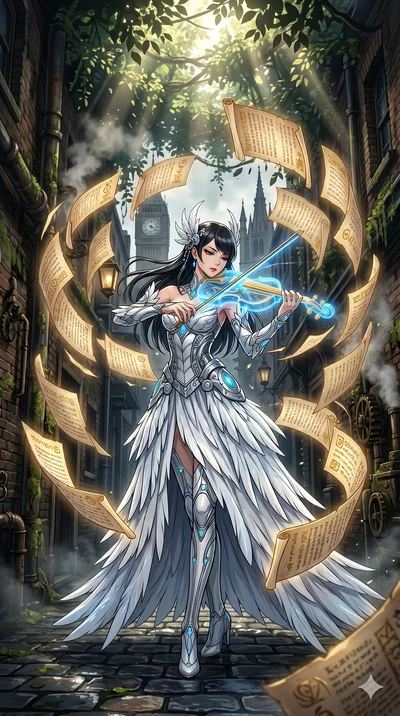 score_9, masterpiece, best quality, ultra-detailed, Set A: High-budget Anime Keyframe, Japanese woman. Low angle cowboy shot filling the entire 9:16 frame with her statuesque presence. Theme: Primal Nature. playing a holographic violin in a steampunk