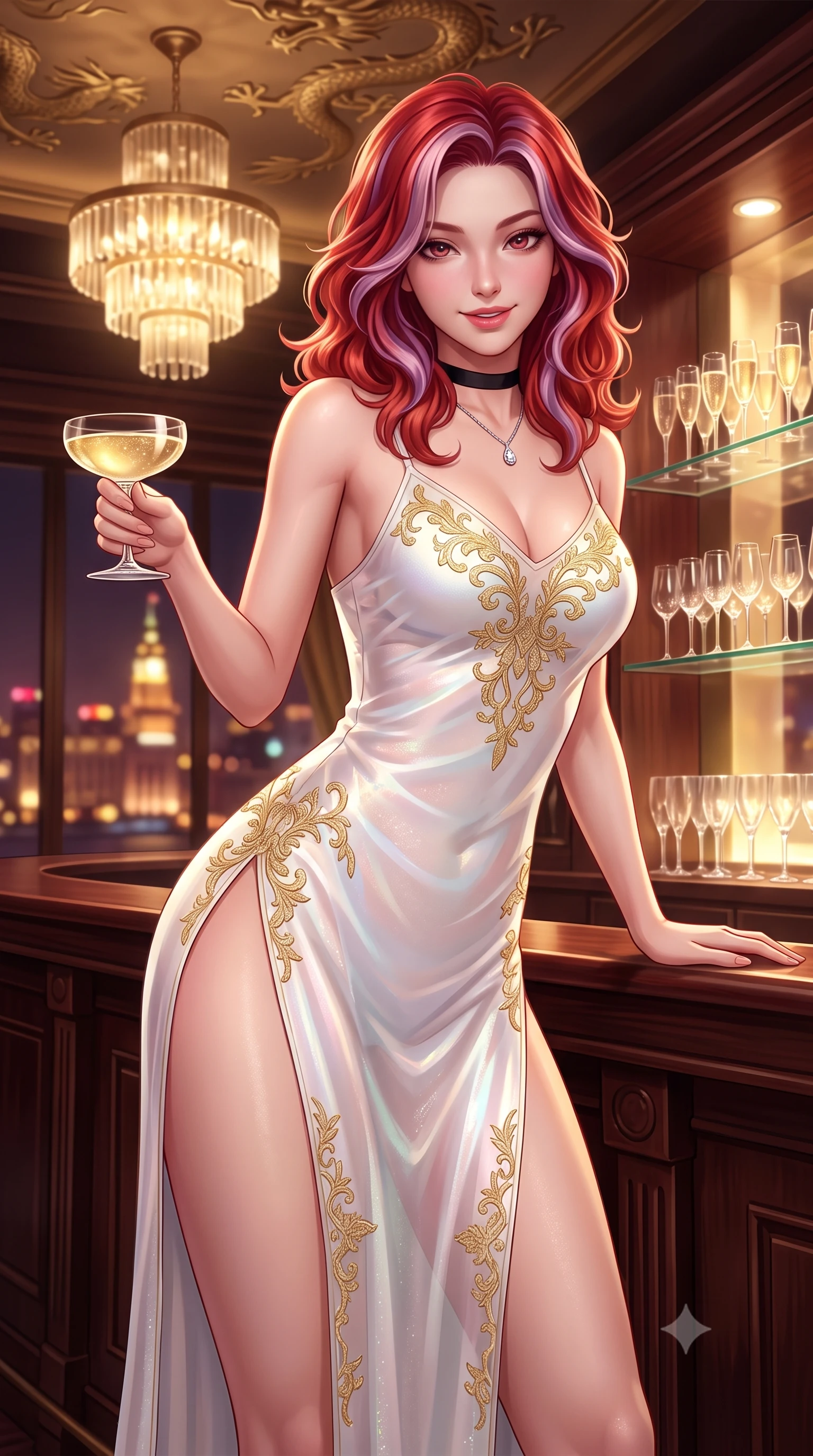 score_9, masterpiece, best quality, ultra-detailed, high-budget anime keyframe, semi-realistic 3D game render, editorial fashion photography, tasteful artistic composition, Caucasian woman. close-up cowboy shot from the waist and thighs up, the character dominates the composition, filling the frame with her large presence. leaning forward while arching her lower back to accentuate her curvy hips, looking into the camera with an intoxicating smoldering gaze and bedroom-eyes while leaning against the antique rosewood cocktail bar with hips cocked back, holding a coupe of champagne with heavy-lidded smoldering eyes. The background shows a soft-focus gilded plaster dragon bas-reliefs on ceilings, rows of crystal champagne coupes on backlit glass shelves, and moonlit Bund windows blurred into gold, bordeaux, and amber bokeh. She has an exceptionally elegant, slender, and willowy female figure with an ultra-slim waist, flat toned midriff, narrow ribcage, and sculpted feminine hips creating an alluring, slim hourglass silhouette without bulk. sharp v-shaped jawline, high-bridge nose, intricate jewel-like sparkling eyes with depth, thick eyelashes, glossy parted lips with a natural peach sheen, bright cheerful beaming smile with an enchanting and coquettish sensual glint, exuding both youthful cute charm and seductive allure, flawlessly proportioned anatomical accuracy, strict slender model proportions, natural body alignment, perfectly sculpted long slender limbs, ultra-slim waistline, clean dynamic posture without body distortion. wearing a gossamer sheer mesh slip dress with delicate gold embroidery and hip-high double side slits in pure translucent crystal white and iridescent opal, crafted from translucent silk organza with an ethereal crystalline sheen, finished with a thin velvet ribbon choker and a single teardrop diamond pendant, the glove-like clinging cut tightly following the natural contour of her hips and long slender legs with youthful 8.5-heads elegance. bathed in the opulent golden 2600K radiance of multi-tiered Art Deco chandeliers dimmed to an intimate evening glow. highly saturated vibrant anime colors, detailed shading with soft gradients, rich glossy textures, high-contrast stereoscopic depth, volumetric dynamic lighting, master piece, 9:16 ratio