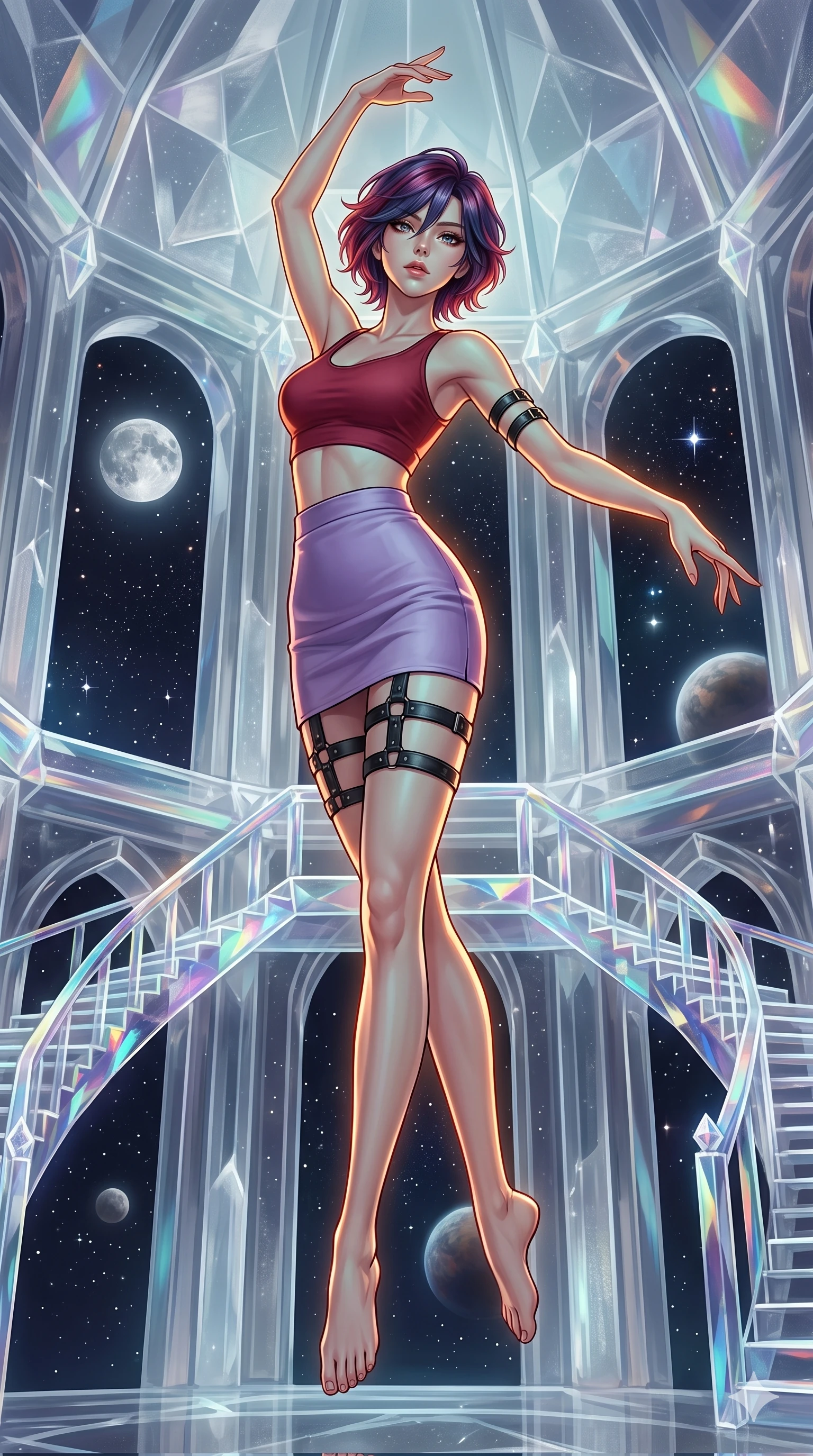 score_9, masterpiece, best quality, ultra-detailed, high-budget anime keyframe, editorial fashion photography, tasteful artistic composition, Korean woman. low angle full-body shot from head to toe showing her feet, filling the entire 9:16 vertical frame with her statuesque presence, stretching her vertical silhouette. pirouetting mid-air inside a palace carved from the translucent interior of a crystal moon whose walls of clear selenite reveal the star-filled cosmos outside with chambers connected by prismatic crystal bridges and arches. She has a statuesque 8.5-heads proportion, an exceptionally tall, slender and willowy model-like build with impossibly long legs and a highly sculpted ultra-slim waist. sharp v-shaped jawline, high-bridge nose, intricate jewel-like eyes with depth, thick eyelashes, glossy lips with a natural sheen. wearing a matte crimson crop top paired with matching high-waist lavender mini skirt and black leather thigh straps. warm amber rim lighting combined with cool teal fill light creating dramatic contrast. 2k, ultra detail, master piece, 9:16 ratio