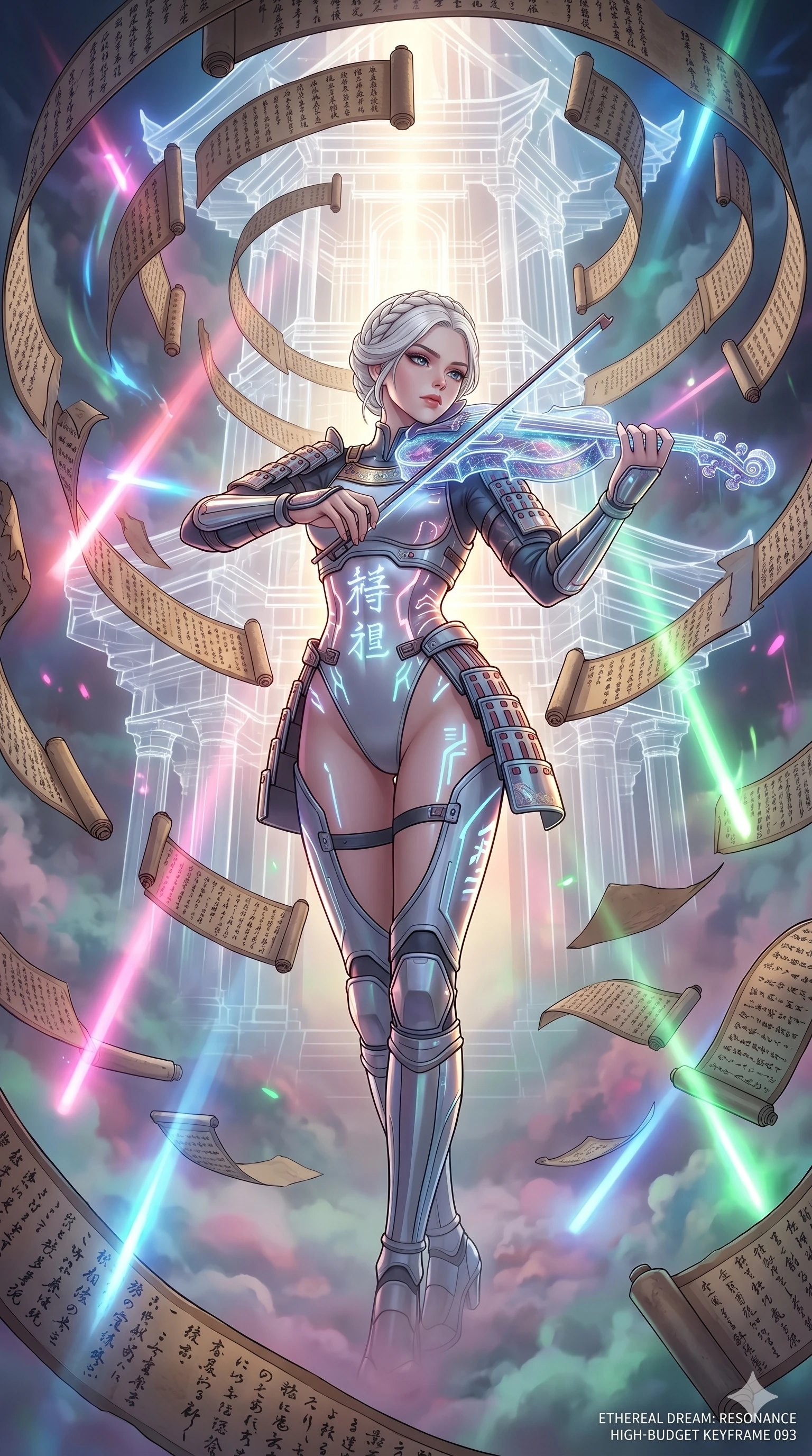 score_9, masterpiece, best quality, ultra-detailed, Set A: High-budget Anime Keyframe, Caucasian (human ears) woman. Low angle cowboy shot filling the entire 9:16 frame with her statuesque presence. Theme: Ethereal Dream. playing a holographic violin in a temple made of solid light, surrounded by a whirlwind of 93 floating ancient scrolls. The atmosphere is filled with heavy smog with neon flares. She has an absolutely perfect 8-heads proportion, an exceptionally tall and slender female figure with impossibly long slender legs and an ultra-slim waist. Sharp v-shaped jawline, high-bridge nose, intricate jewel-like eyes with depth, glossy lips. Wearing Modernized samurai armor over a high-cut silk leotard with glowing energy kanji. Cinematic lighting, vivid colors, dramatic shadows, 2k, ultra detail, master piece, 9:16 ratio