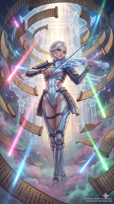 score_9, masterpiece, best quality, ultra-detailed, Set A: High-budget Anime Keyframe, Caucasian (human ears) woman. Low angle cowboy shot filling the entire 9:16 frame with her statuesque presence. Theme: Ethereal Dream. playing a holographic violin