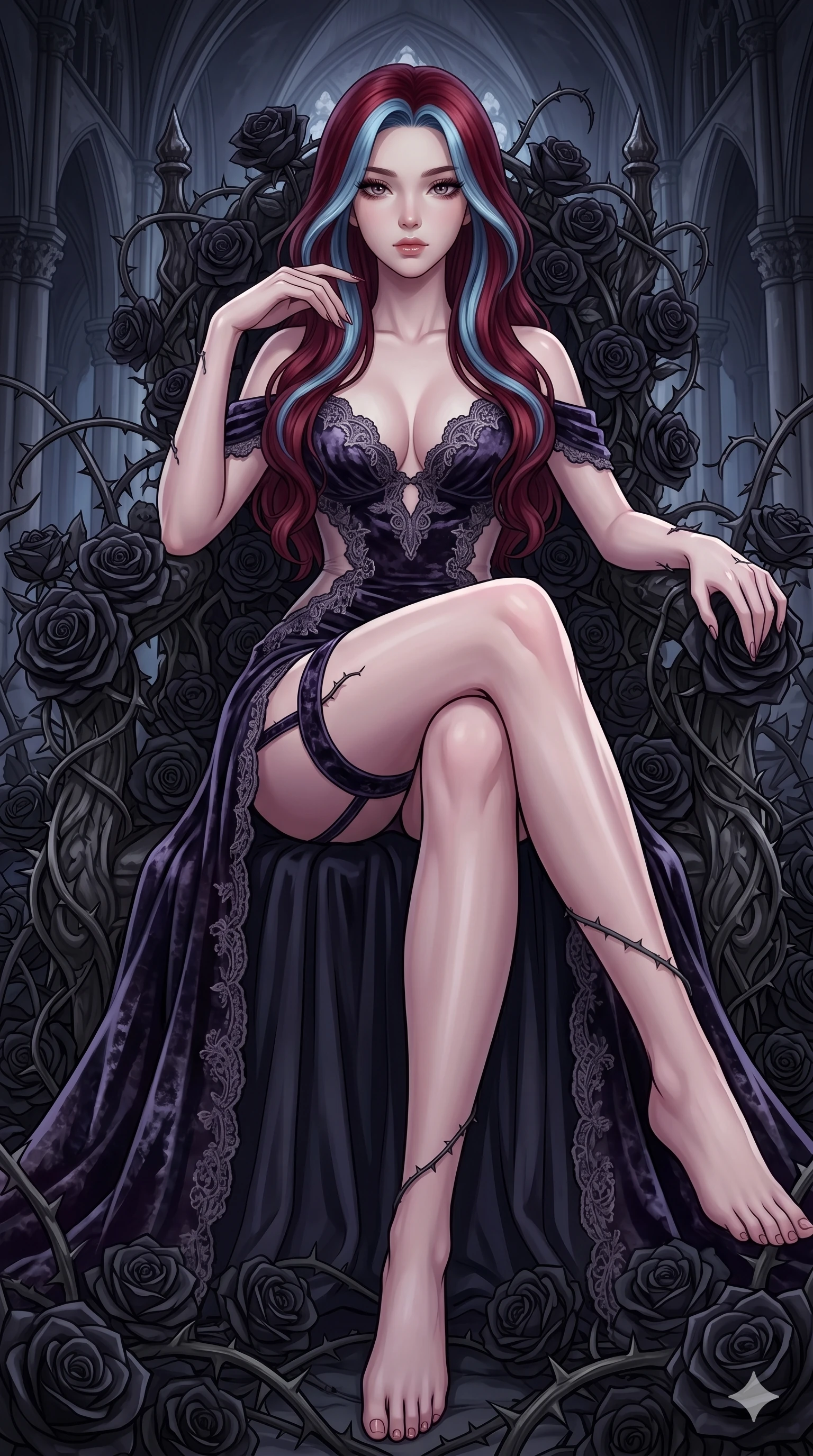 score_9, masterpiece, best quality, ultra-detailed, High-budget Anime Keyframe, East Asian woman. Dynamic full-body shot stretching the vertical silhouette to the limit. Scenario 140: Resting on a throne of black roses, thorns grazing her skin. Her presence is magnetic and overpowering in this high-budget anime scene. Outfit 140: A crushed dark velvet garter with a low-cut shoulder and delicate lace embroidery. The clothing is designed to emphasize her exceptionally tall and slender 8-heads proportion. 8-heads proportion, towering silhouette, ultra-slim waist. sharp v-shaped jawline, intricate jewel-like eyes with depth, thick eyelashes, glossy lips. 2k, ultra detail, master piece, 9:16 ratio