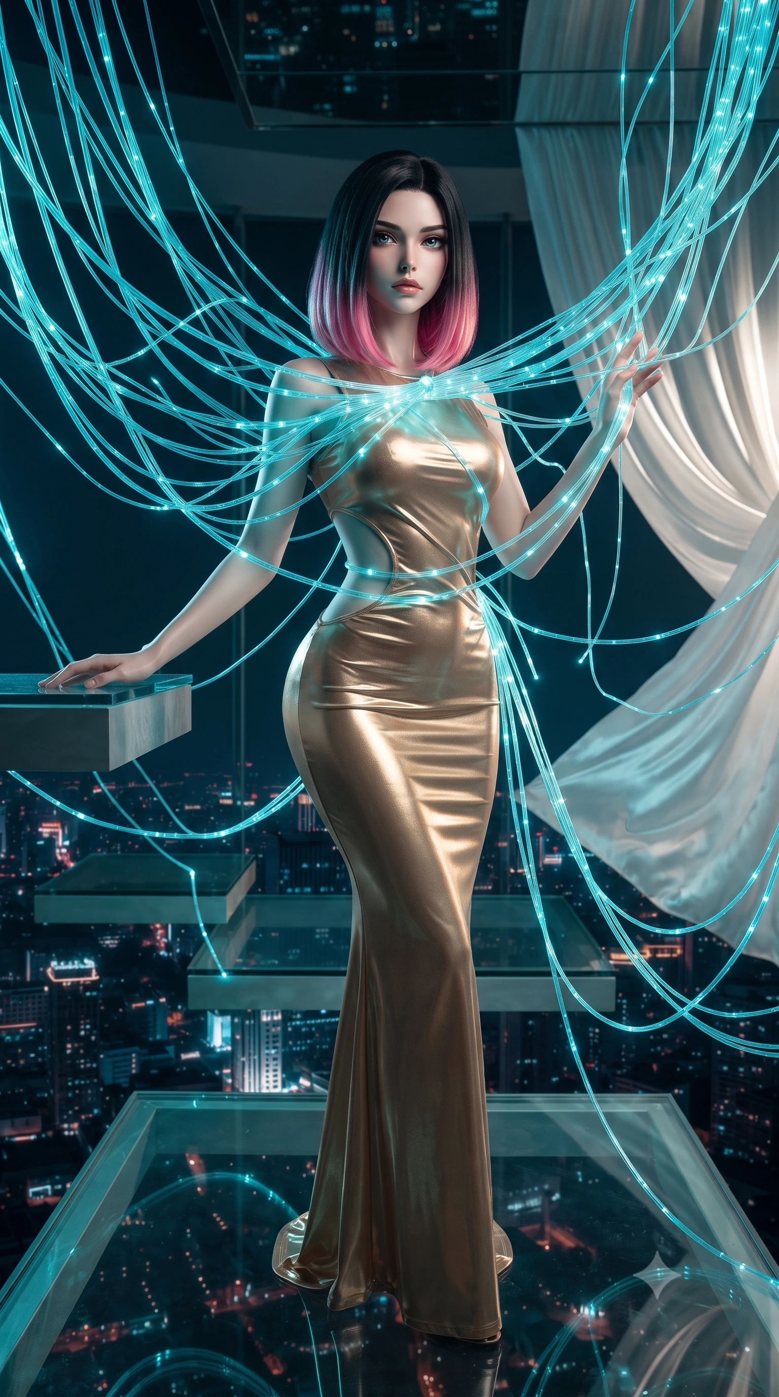 score_9, masterpiece, best quality, ultra-detailed, High-budget Anime Keyframe, editorial fashion photography, tasteful artistic composition, realistic cosplay photography, East Asian woman. Low angle cowboy shot filling the entire 9:16 frame with her statuesque presence. Scenario 364: tangled in a web of glowing cyan fiber-optic cables inside a luxury sky-lounge with floating glass platforms and white silk drapes. Her presence is magnetic and overpowering in this high-budget cinematic scene. Outfit 364: a body-hugging shimmering chiffon gold with a strategic side cut-outs and tight-fitting silhouette. The clothing is designed to emphasize her exceptionally tall and slender 8-heads proportion. 8-heads proportion, towering silhouette, ultra-slim waist. sharp v-shaped jawline, intricate jewel-like eyes with depth, thick eyelashes, glossy lips. ultra-reflective glossy finish, specular highlights, metallic sheen, high-contrast stereoscopic depth, volumetric dynamic lighting, 2k, ultra detail, master piece, 9:16 ratio