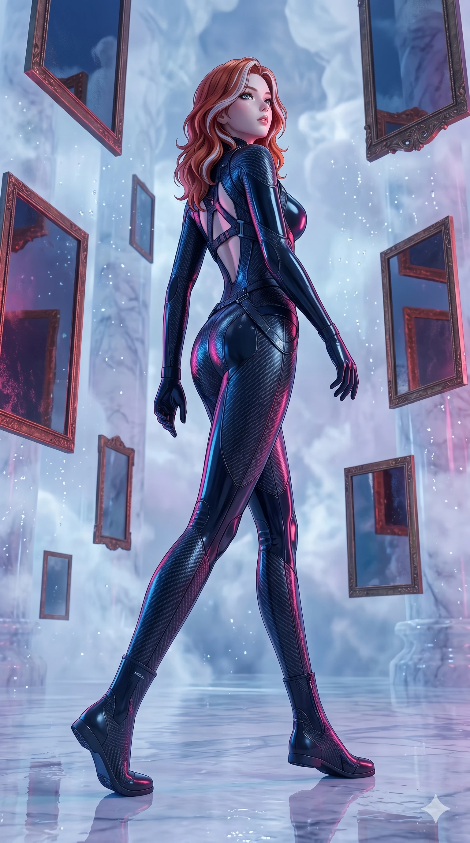score_9, masterpiece, best quality, ultra-detailed, high-budget anime keyframe, Caucasian woman, strictly human ears. low angle full-body shot filling the entire 9:16 frame with her statuesque presence, stretching the vertical silhouette. wandering through a mirage cloud cathedral of translucent marble and water mist, surrounded by floating ancient bronze mirror walls. She has an absolutely perfect 8-heads proportion, an exceptionally tall and slender female figure with impossibly long slender legs and an ultra-slim waist. V-shaped jawline, high-bridge nose, intricate jewel-like eyes with depth, thick eyelashes, glossy lips with a natural sheen.. wearing a second-skin carbon fiber combat suit, featuring matte carbon fiber and glossy latex panels with elegant slitted cutouts on the upper back. accented by dynamic color-blocked lighting with high-contrast shadows emphasizing her statuesque height. 2k, ultra detail, master piece, 9:16 ratio