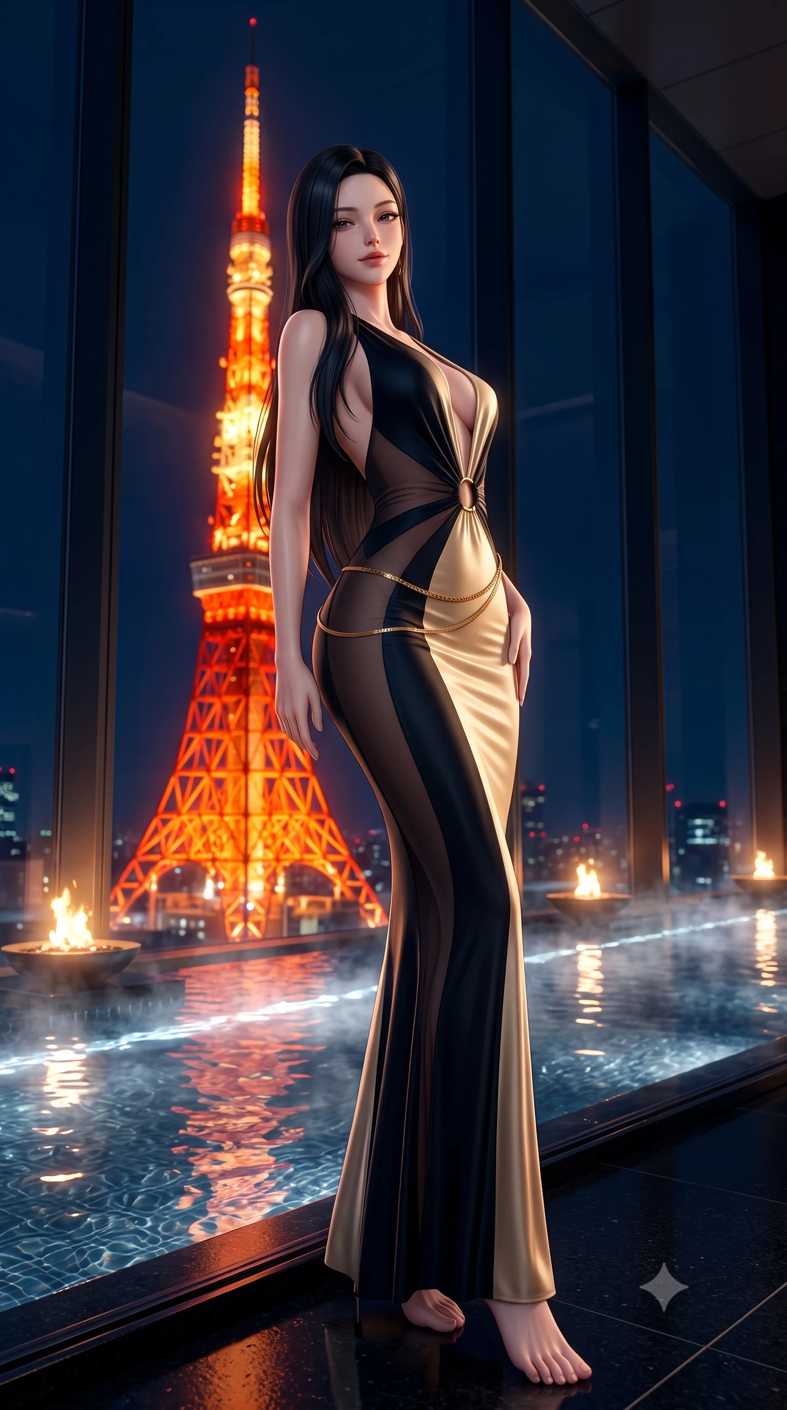 score_9, masterpiece, best quality, ultra-detailed, high-budget anime keyframe, semi-realistic 3D game render, editorial fashion photography, tasteful artistic composition, Korean woman. low angle full-body shot from head to toe showing her feet, filling the entire 9:16 vertical frame with her statuesque presence, stretching her vertical silhouette. leaning back against the panoramic glass window with hips cocked back in an unapologetically alluring high-fashion stance, illuminated by the city night vista while standing poised at the edge of the illuminated black-granite infinity pool, arching her back as the iconic glowing orange Tokyo Tower towers in the background. The composition keeps background elements in soft focus with dreamy creamy bokeh. steaming infinity pool water ripples and minimalist poolside fire pits softened in futuristic luxury shallow focus. She has an exceptionally tall and slender model-like 8.5-heads proportion, an ultra-slim waist, a flat toned midriff, narrow delicate ribcage, and beautifully sculpted feminine hips creating a graceful, slim hourglass silhouette without any bulky heaviness, with impossibly long slender legs. sharp v-shaped jawline, high-bridge nose, intricate jewel-like dark sparkling eyes with dangerous depth, thick curled eyelashes, glossy parted lips with a rich wine sheen, smoldering seductive half-smile with bedroom-eyes, exuding effortless superiority and intoxicating dark allure, flawlessly proportioned anatomical accuracy, strict slender model proportions, natural body alignment, perfectly sculpted long slender limbs, ultra-slim waistline, clean dynamic posture without body distortion. wearing a deep plunging-V silk jersey evening gown with an open back scoop and waist-cinching gold ring in midnight jet-black and liquid champagne gold, made of semi-opaque dark contouring mesh clinging like a second skin, finished with a delicate gold snake chain belt resting loosely across her curvy hips, the precision-cut side openings and low-back scoop framing her graceful spine and the sensual sweep of her slim, toned hips. bathed in the warm radiant scarlet and orange glow of Tokyo Tower contrasted with deep midnight navy skies. highly saturated vibrant anime colors, detailed shading with soft gradients, rich glossy textures, high-contrast stereoscopic depth, volumetric dynamic lighting, master piece, 9:16 ratio
