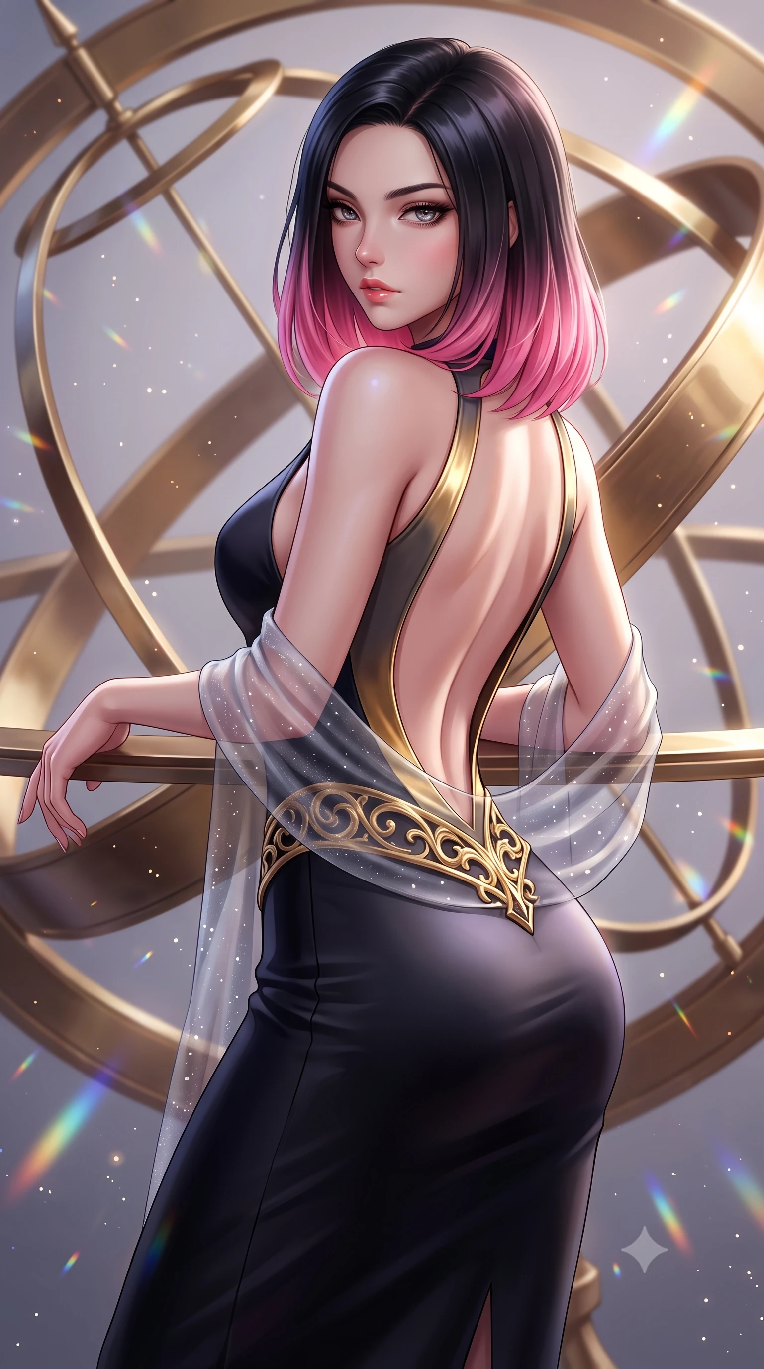 score_9, masterpiece, best quality, ultra-detailed, high-budget anime keyframe, semi-realistic 3D game render, editorial fashion photography, tasteful artistic composition, Korean woman. close-up cowboy shot from the waist and thighs up, the character dominates the composition, filling the frame with her large presence. leaning back with relaxed seductive grace, her sculpted collarbones and narrow waist highlighted as she casts smoldering bedroom-eyes directly into the camera while leaning back against the polished brass rings of a colossal rotating armillary sphere, hips tilted in a seductive contrapposto stance. The composition keeps background elements in soft focus with creamy bokeh. floating stardust flecks and prismatic telescope lens refractions scattering ethereal light motes. She has an exceptionally elegant, slender, and willowy female figure with an ultra-slim waist, a gracefully sculpted slender torso, toned flat midriff, and rounded feminine hips creating an alluring hourglass silhouette. sharp v-shaped jawline, high-bridge nose, intricate jewel-like eyes with depth, thick eyelashes, glossy parted lips with a natural sheen, intensely captivating and seductive bedroom-eyes expression, flawlessly proportioned anatomical accuracy, strict slender model proportions, natural body alignment, perfectly sculpted long slender limbs, ultra-slim waistline, clean dynamic posture without body distortion. wearing a sleek obsidian column dress with gold filigree hip cincher and plunging backline in molten starlight gold and dark gunmetal, tailored from ultra-smooth duchess satin with a pearlescent celestial sheen, finished with a gossamer stardust shawl draped loosely over her elbows, the dramatically scooped open back descending to the base of her spine, accentuating her razor-sharp statuesque lines and curvy hourglass silhouette. illuminated by starlight edge lights carving her slender waist, bare collarbones, and feminine hip line. highly saturated vibrant anime colors, detailed shading with soft gradients, rich glossy textures, high-contrast stereoscopic depth, volumetric dynamic lighting, master piece, 9:16 ratio
