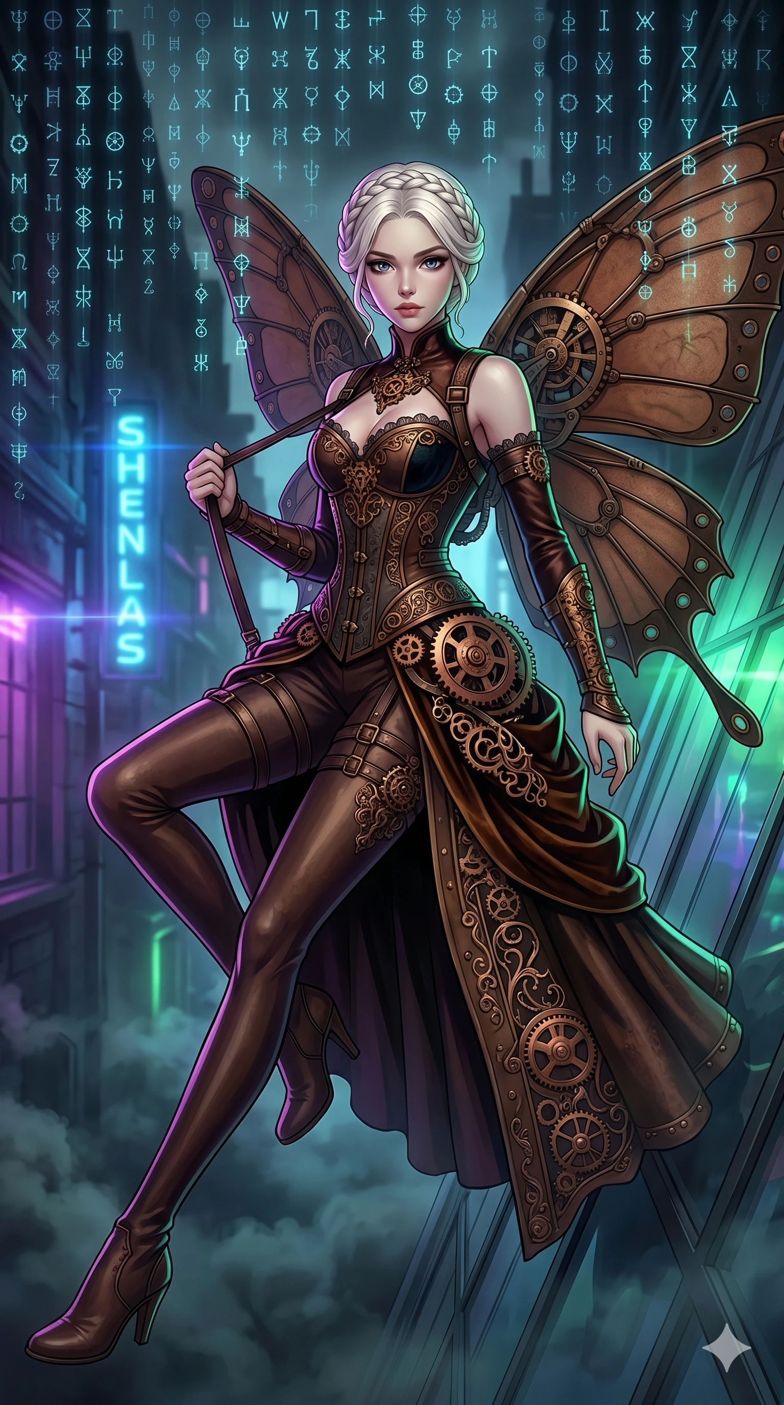 score_9, masterpiece, best quality, ultra-detailed, Set A: High-budget Anime Keyframe, Japanese woman. Upper body close-up from the thighs up, character filling the screen for maximum presence. Theme: Urban Decay. sliding down a glass skyscraper in a steampunk London alleyway, as a digital rain of 67 symbols washes over her. The atmosphere is filled with heavy smog with neon flares. She has an absolutely perfect 8-heads proportion, an exceptionally tall and slender female figure with impossibly long slender legs and an ultra-slim waist. Sharp v-shaped jawline, high-bridge nose, intricate jewel-like eyes with depth, glossy lips. Wearing Steam-punk corset gown with copper gear ornaments and mechanical butterfly wings. Cinematic lighting, vivid colors, dramatic shadows, 2k, ultra detail, master piece, 9:16 ratio