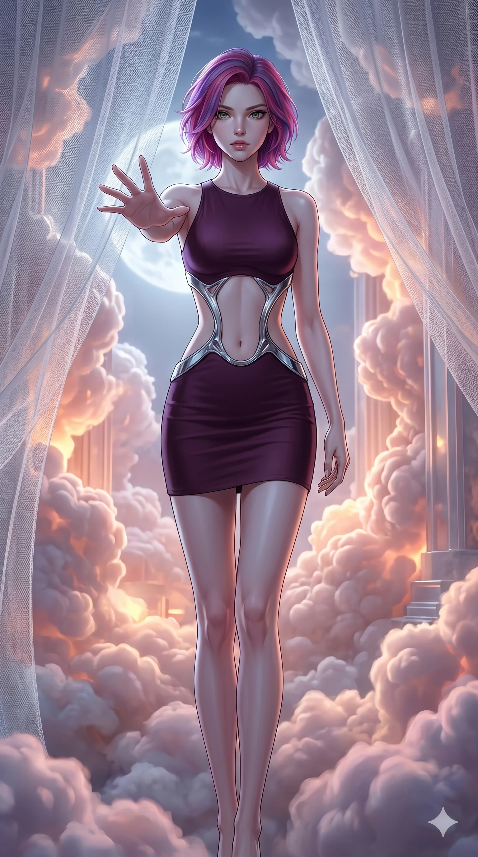 score_9, masterpiece, best quality, ultra-detailed, high-budget anime keyframe, editorial fashion photography, tasteful artistic composition, Caucasian woman, strictly human ears. cowboy shot from the thighs up, character and outfit filling the frame for maximum editorial presence. Reaching one hand toward the viewer with relaxed elegance inside a luminous cloud palace where cumulus formations glow with amber and rose from within. She has an absolutely perfect 8-heads proportion, an exceptionally tall and slender female figure with impossibly long slender legs and an ultra-slim waist. V-shaped jawline, high-bridge nose, intricate jewel-like eyes with depth, thick eyelashes, glossy lips with a natural sheen. wearing a deep plum precision bodycon mini dress with a dramatic architectural open-waist cutout framed by sculptural chrome hardware, the fitted fabric emphasizing her ultra-slim waist above and below. bathed in cold silver moonlight filtered through translucent gossamer curtains casting soft shadows on her elegant contours. 2k, ultra detail, master piece, 9:16 ratio