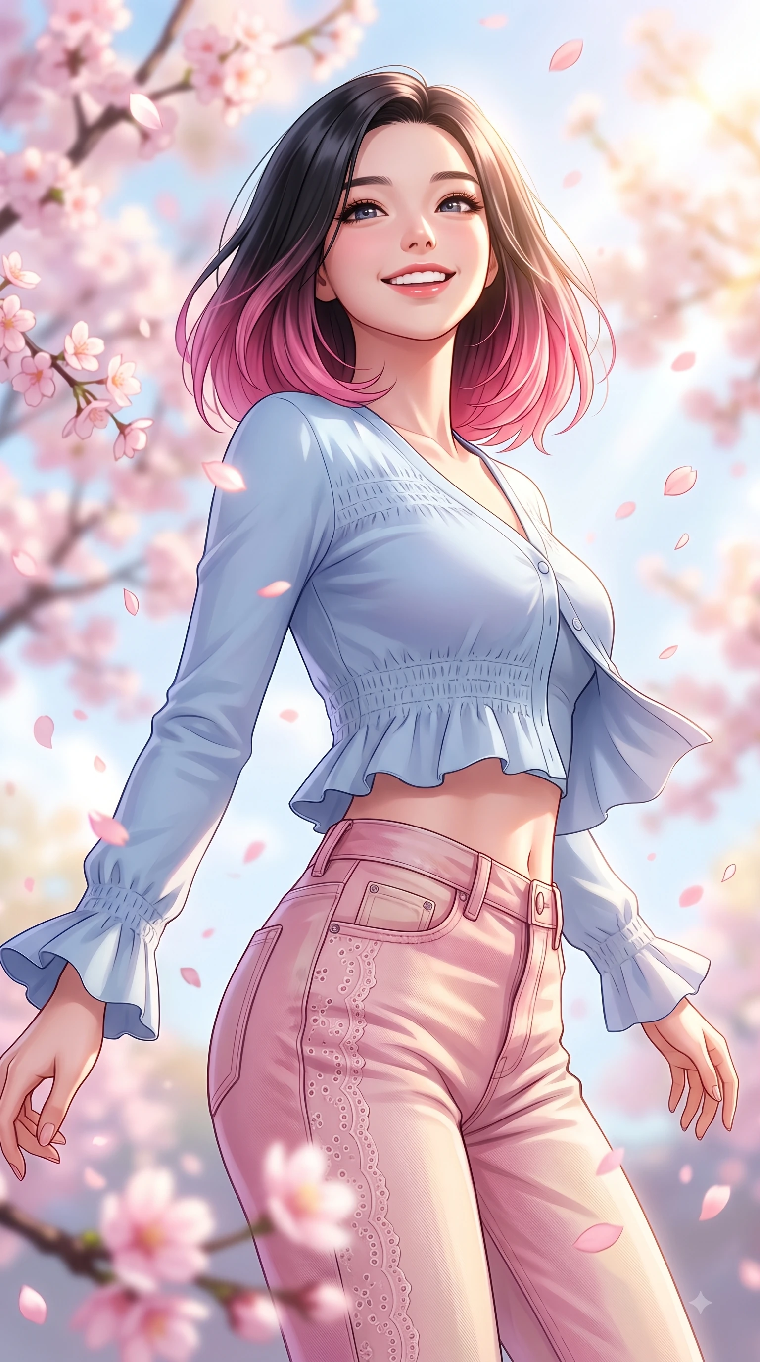 score_9, masterpiece, best quality, ultra-detailed, high-budget anime keyframe, editorial fashion photography, tasteful artistic composition, Korean woman. close-up cowboy shot from the waist and thighs up, the character dominates the composition, filling the frame with her large presence. Tilting her chin up with a sweet beaming smile of pure delight while balancing dynamically amidst the scene while pivoting dynamically with a beaming smile as delicate pink cherry blossom petals shower around her. The composition keeps background elements in soft focus with dreamy bokeh. pastel spring sky refractions and flower branches blurred in smooth creamy depth. She has an exceptionally elegant, slender, and willowy female figure with an ultra-slim waist, a gracefully sculpted slender torso, and a refined silhouette. sharp v-shaped jawline, high-bridge nose, intricate jewel-like eyes with depth, thick eyelashes, glossy lips with a natural sheen, flawlessly proportioned anatomical accuracy, natural body alignment, perfectly sculpted elegant limbs, clean dynamic posture without body distortion. wearing a casual chic pastel blue cropped cardigan with high-rise straight-leg denim jeans in cherry blossom pink and soft beige, woven with delicate eyelet lace and soft cotton, accented with soft smocked details and fluttery cuffs, the breezy lightweight fabric fluttering softly against her delicate frame. bathed in bright morning sunbeams and warm golden sakura backlighting. highly saturated vibrant anime colors, detailed shading with soft gradients, rich glossy textures, high-contrast stereoscopic depth, volumetric dynamic lighting, master piece, 9:16 ratio