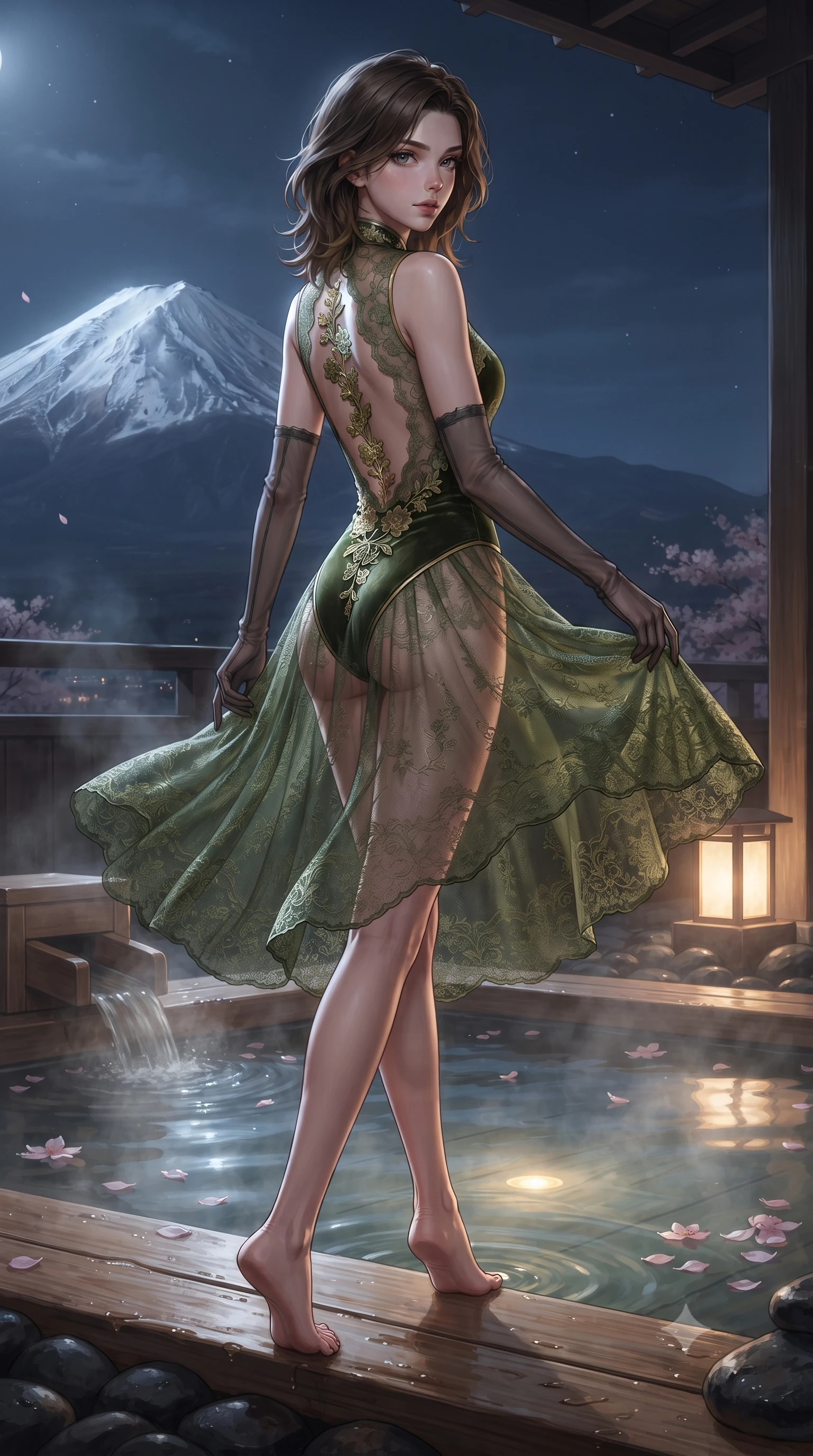 score_9, masterpiece, best quality, ultra-detailed, high-budget anime keyframe, editorial fashion photography, tasteful artistic composition, Korean woman. low angle full-body shot from head to toe showing her feet, filling the entire 9:16 vertical frame with her statuesque presence, stretching her vertical silhouette. executing a slow, graceful pivot turn as her skirt sways around her slender legs, glancing back with an enchanting, teasing sensual expression while lounging in the steaming water with legs extended, displaying her long slender limbs and statuesque hourglass silhouette against Fuji's peak. The surrounding environment is rendered in vivid detail and crisp panoramic clarity: sharp wet aromatic hinoki wood grain, polished dark river stone borders, and floating cherry blossom petals in deep focus. She has an exceptionally tall and slender model-like 8.5-heads proportion, an ultra-slim waist, a flat toned midriff, narrow delicate ribcage, and beautifully sculpted feminine hips creating a graceful, slim hourglass silhouette without any bulky heaviness, with impossibly long slender legs. sharp v-shaped jawline, high-bridge nose, intricate jewel-like sparkling eyes with depth, thick eyelashes, glossy parted lips with a natural peach sheen, bright cheerful beaming smile with an enchanting and coquettish sensual glint, exuding both youthful cute charm and seductive allure, flawlessly proportioned anatomical accuracy, strict slender model proportions, natural body alignment, perfectly sculpted long slender limbs, ultra-slim waistline, clean dynamic posture without body distortion. wearing an open-back sheer lace leotard with high-cut leg openings and delicate floral embroidery framing her spine in Gion antique matcha green and gilded gold leaf, tailored from ultra-plush silk velvet with rich tactile depth and deep shadow gradients, complemented by sheer opera-length evening gloves tracing her slender arms, the form-contouring silhouette accentuating her sculpted flat midriff, narrow delicate ribcage, and gracefully curvy hips with intoxicating allure. bathed in the majestic silver moonlight illuminating the snow peak combined with warm 2400K submerged tub LEDs. ultra-reflective glossy finish, specular highlights, rich textural contrasts, high-contrast stereoscopic depth, volumetric dynamic lighting, 2k, ultra detail, master piece, 9:16 ratio