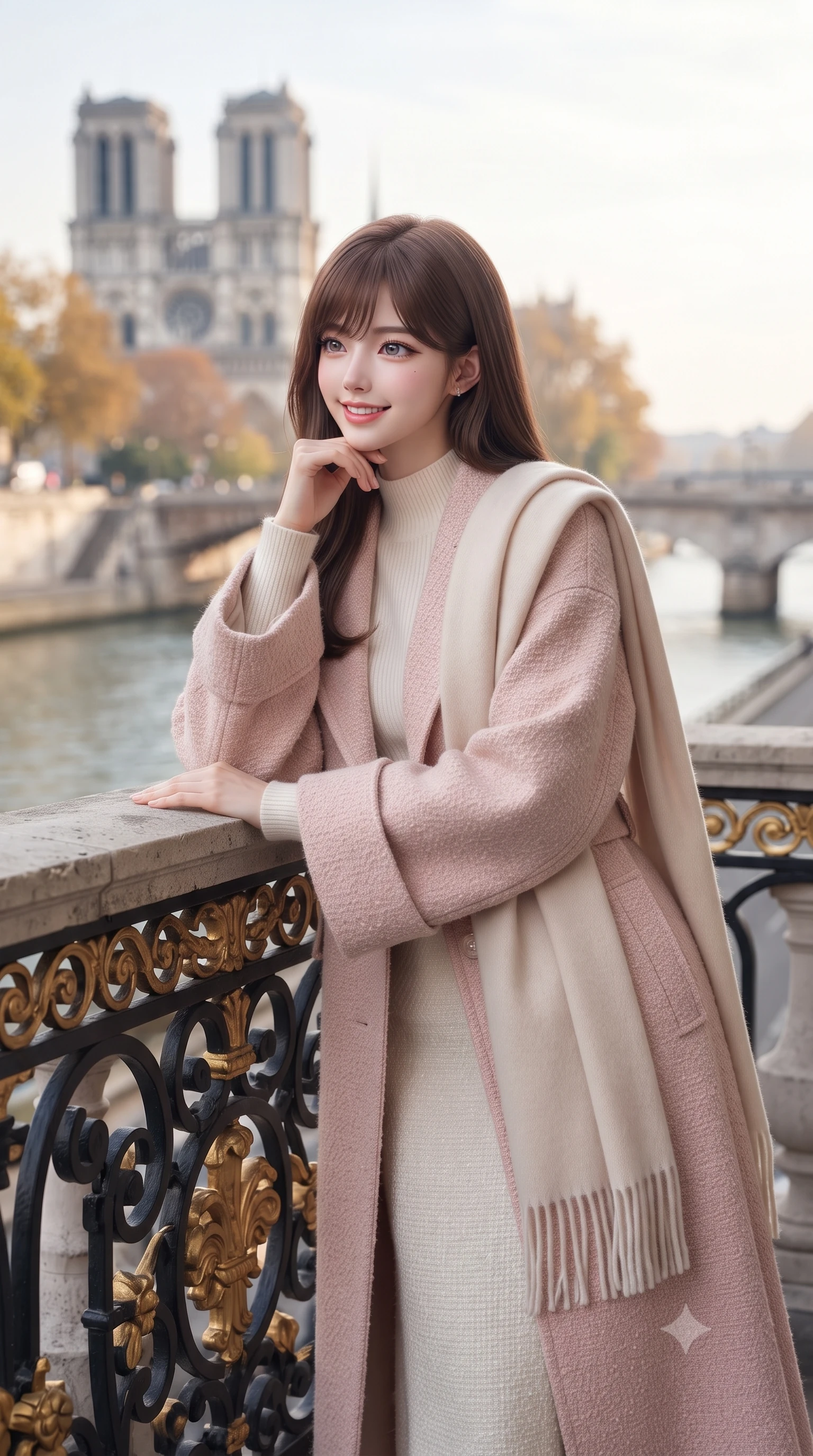 score_9, masterpiece, best quality, ultra-detailed, high-budget anime keyframe, editorial fashion photography, tasteful artistic composition, Korean woman. close-up cowboy shot from the waist and thighs up, the character dominates the composition, filling the frame with her large presence. resting one elbow on the stone balustrade, chin poised lightly on her hand with intelligent, charming warmth while standing poised at the ornate black-and-gold wrought iron balcony railing, looking out toward Île de la Cité with an enchanting, dreamy smile. The background shows a soft-focus flowing River Seine waters, autumn-colored trees along the quays, historic stone bridges, and distant Notre-Dame towers blurred into slate blue, copper, and zinc grey bokeh. She has an exceptionally elegant, slender, and willowy female figure with an ultra-slim waist, flat toned midriff, narrow ribcage, and sculpted feminine hips creating an alluring, slim hourglass silhouette without bulk. sharp v-shaped jawline, high-bridge nose, intricate jewel-like sparkling eyes with depth, thick eyelashes, glossy parted lips with a natural peach sheen, bright cheerful beaming smile with an enchanting and coquettish sensual glint, exuding both youthful cute charm and seductive allure, flawlessly proportioned anatomical accuracy, strict slender model proportions, natural body alignment, perfectly sculpted long slender limbs, ultra-slim waistline, clean dynamic posture without body distortion. wearing an elegant tailored wool trench with kimono-inspired wide sleeves worn over an ivory mock-neck sweater and long skirt in Parisian pastel rose bouclé and cream pearl, made of luxurious brushed wool flannel with rich textural depth and clean structure, accented with a wide brushed cashmere fringe scarf draped elegantly over one shoulder, the sharp shoulder tailoring and gently nipped waist framing her slender torso with pristine sartorial perfection. bathed in soft, luminous early morning autumn sunlight reflecting off the Seine river surface and stone facades. ultra-reflective glossy finish, specular highlights, rich textural contrasts, high-contrast stereoscopic depth, volumetric dynamic lighting, 2k, ultra detail, master piece, 9:16 ratio