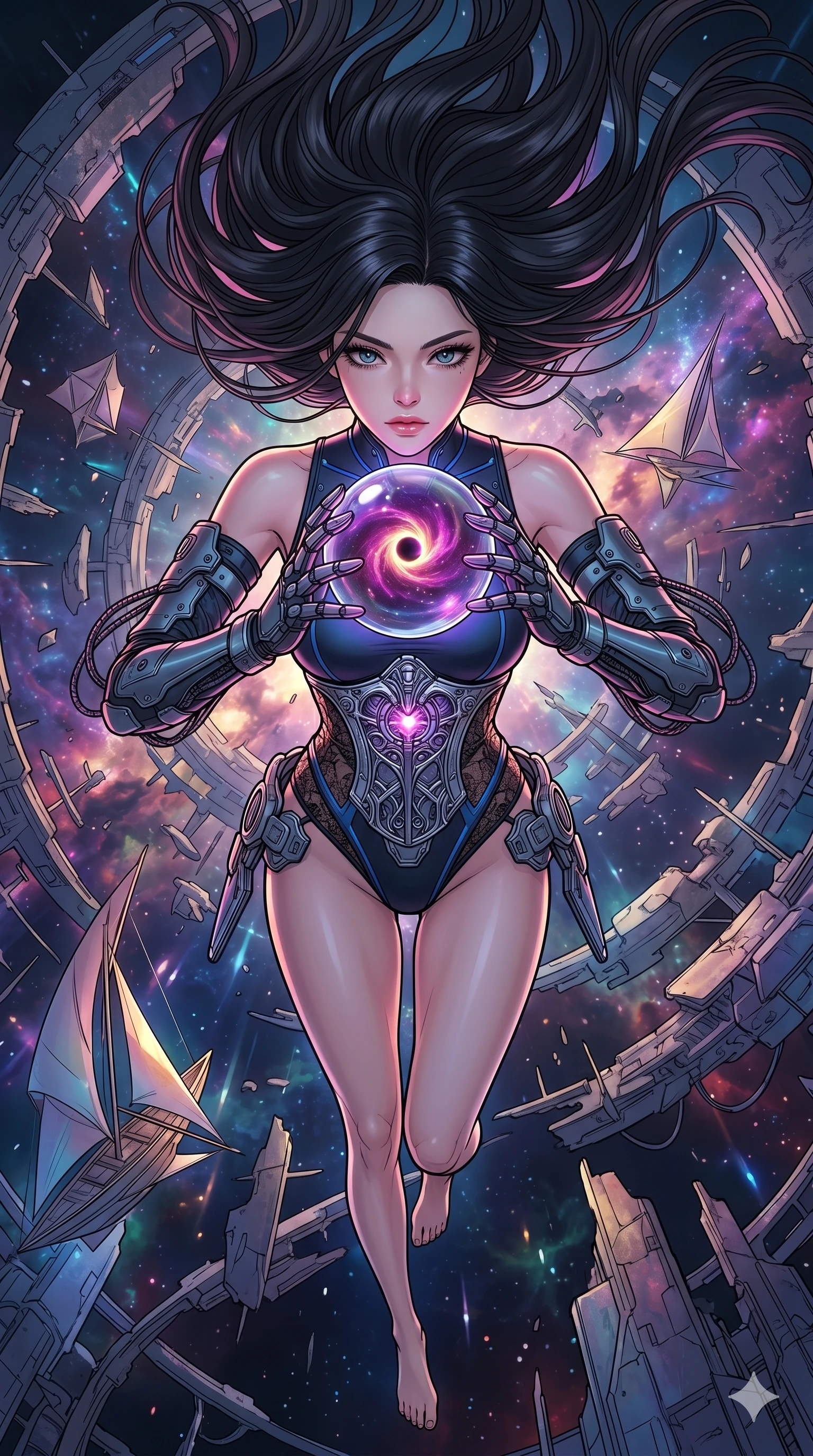 score_9, masterpiece, best quality, ultra-detailed, high-budget anime movie keyframe, cinematic anime lighting, intricate line art, Korean woman. Extreme high angle shot as she leaps towards the camera, filling the frame. staring into a singularity held within a glass sphere. She has an absolutely perfect 8-heads proportion, an exceptionally tall and slender female figure with an ultra-slim waist and impossibly long slender legs. strictly human anatomy, two legs only, no extra limbs, clearly defined legs and arms, perfect anatomy, perfect hands and fingers. sharp v-shaped jawline, high-bridge nose, intricate jewel-like eyes, thick eyelashes, glossy lips. Wearing Cyber-Tech Legacy: Asymmetrical high-cut tech-bodysuit with detached sleeves and chrome-plated corset over sheer lace. The scene is illuminated by dramatic atmospheric lighting and vibrant color palettes. , 2k, ultra detail, master piece, 9:16 ratio