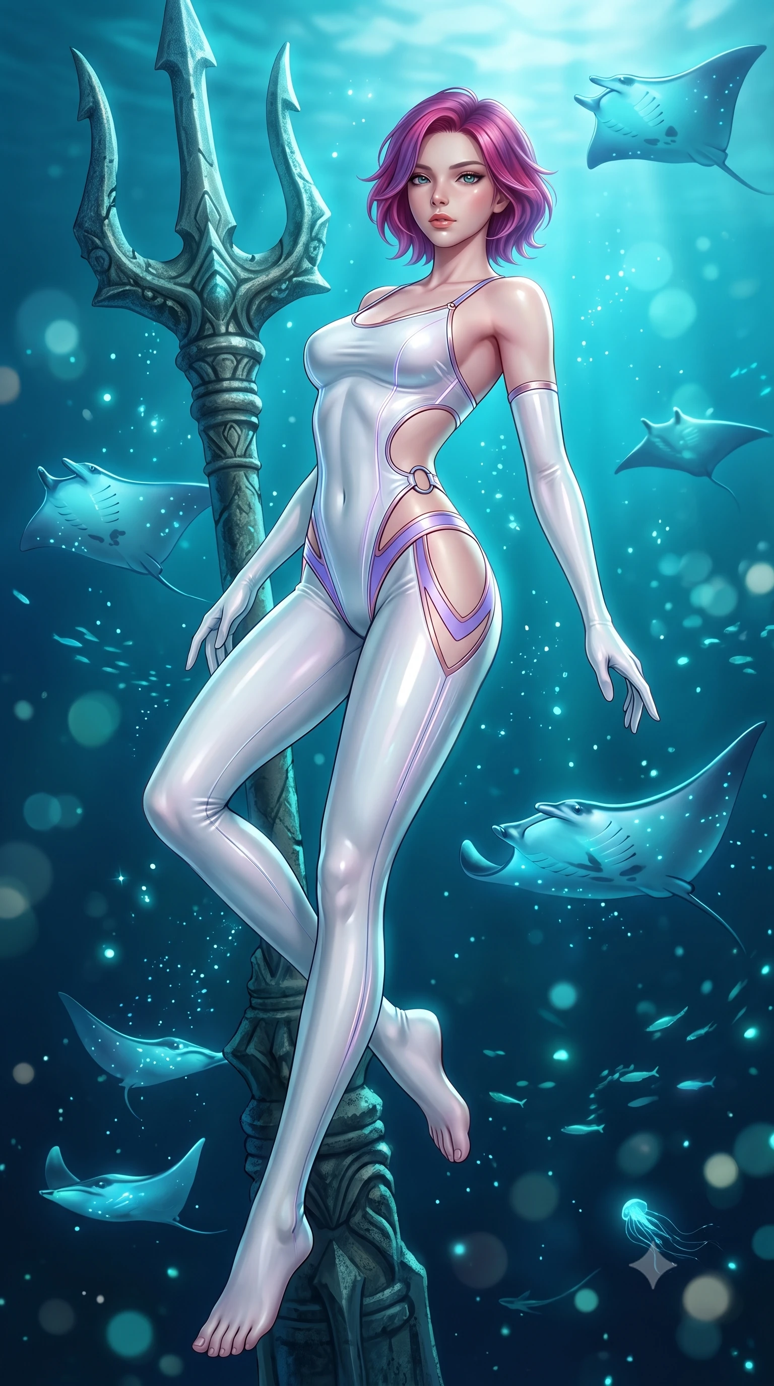 score_9, masterpiece, best quality, ultra-detailed, high-budget anime keyframe, semi-realistic 3D game render, editorial fashion photography, tasteful artistic composition, Caucasian woman. low angle full-body shot from head to toe showing her feet, filling the entire 9:16 vertical frame with her statuesque presence, stretching her vertical silhouette. arching her back in a fluid zero-gravity turn with sovereign grace, her long slender legs and sculpted torso creating a sweeping line while pivoting dynamically beside a colossal carved trident pillar surrounded by swimming bioluminescent manta rays. The composition keeps background elements in soft focus with creamy bokeh. sparkling aquatic light motes scattering soft radiance across a deep ocean backdrop. She has an absolutely perfect, statuesque 8.5-heads proportion, an exceptionally tall and slender model-like female figure with impossibly long slender legs, a toned flat midriff, and an ultra-slim waist. sharp v-shaped jawline, high-bridge nose, intricate jewel-like eyes with depth, thick eyelashes, glossy lips with a natural sheen, flawlessly proportioned anatomical accuracy, strict slender model proportions, natural body alignment, perfectly sculpted long slender limbs, ultra-slim waistline, clean dynamic posture without body distortion. wearing a second-skin white liquid-mercury micro-bodysuit sculpted tightly to her slender build, featuring razor-thin metallic straps and hip cutouts in luminous lavender violet and rose gold, tailored from semi-translucent cybernetic vinyl with glowing micro-filaments, detailed with polished silver rings connecting the daring side-waist cutouts, the glove-like aerodynamic second-skin fit tightly clinging to her ultra-slender waist and athletic curves without adding bulk, accentuating her razor-sharp statuesque lines and slim hourglass silhouette. illuminated by soft turquoise ambient fill and sparkling specular highlights tracing her slender curves. highly saturated vibrant anime colors, detailed shading with soft gradients, rich glossy textures, high-contrast stereoscopic depth, volumetric dynamic lighting, master piece, 9:16 ratio