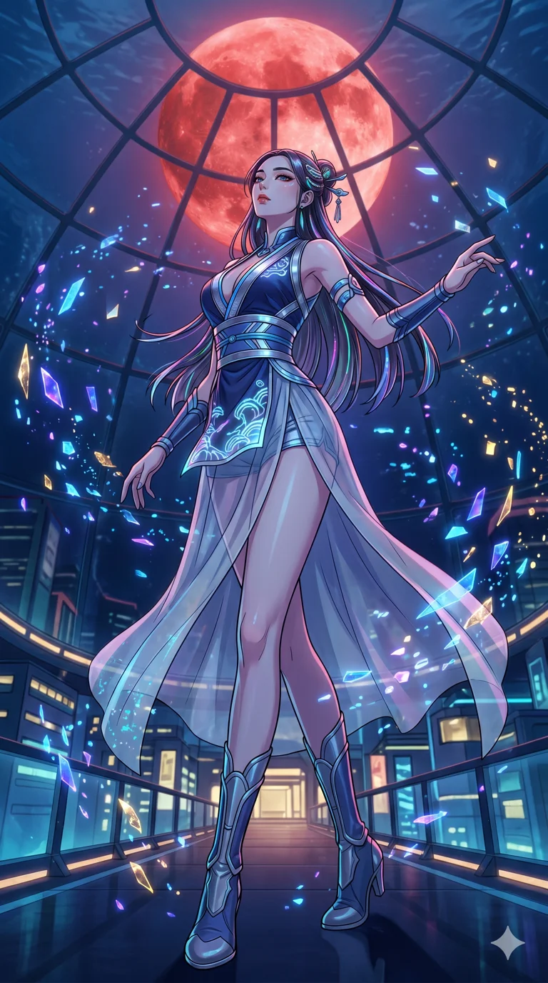 score_9, masterpiece, best quality, ultra-detailed, high-budget anime movie keyframe, cinematic anime lighting, intricate line art, Korean anime girl. Low angle cowboy shot filling the entire 9:16 frame with her statuesque presence. dancing with data-shards in a underwater city dome under a blood moon. She has an absolutely perfect 8-heads proportion, an exceptionally tall and slender female figure with an ultra-slim waist and impossibly long slender legs. sharp v-shaped jawline, high-bridge nose, intricate jewel-like eyes, thick eyelashes, glossy lips. Wearing modernized deep-plunging silk hanbok-fusion with metallic straps, a high-slit sheer skirt over micro-shorts, and holographic embroidered patterns. The scene is illuminated by dramatic atmospheric lighting and vibrant color palettes. 2k, ultra detail, master piece, 9:16 ratio