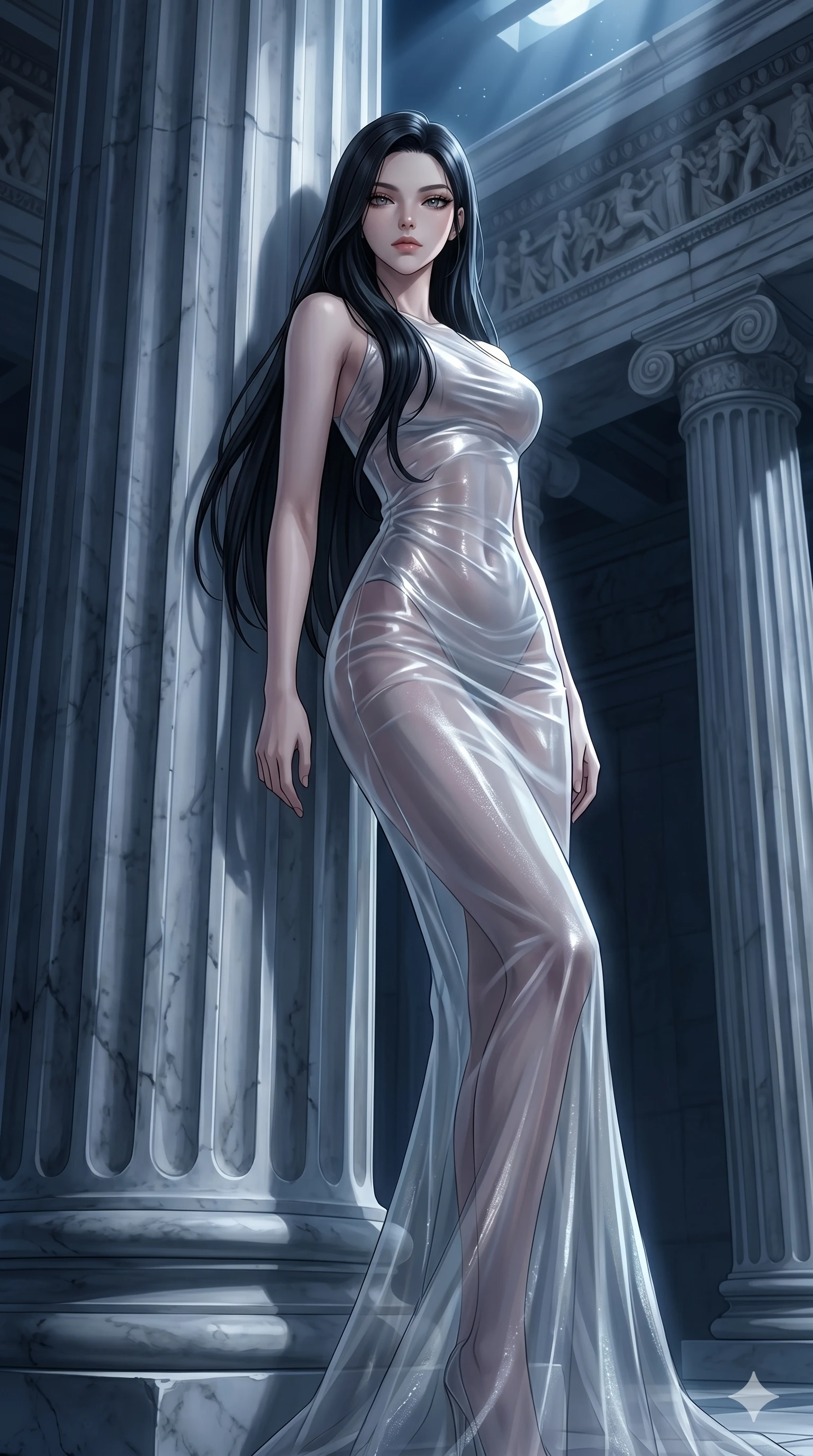 score_9, masterpiece, best quality, ultra-detailed, High-budget Anime Keyframe, East Asian woman. Low angle cowboy shot filling the entire 9:16 frame with her statuesque presence. Scenario 153: Leaning against a cold marble pillar in a moonlit greek temple. Her presence is magnetic and overpowering in this high-budget anime scene. Outfit 153: A translucent organza liquid with a elegant high-fashion silhouette and tight-fitting silhouette. The clothing is designed to emphasize her exceptionally tall and slender 8-heads proportion. 8-heads proportion, towering silhouette, ultra-slim waist. sharp v-shaped jawline, intricate jewel-like eyes with depth, thick eyelashes, glossy lips. 2k, ultra detail, master piece, 9:16 ratio