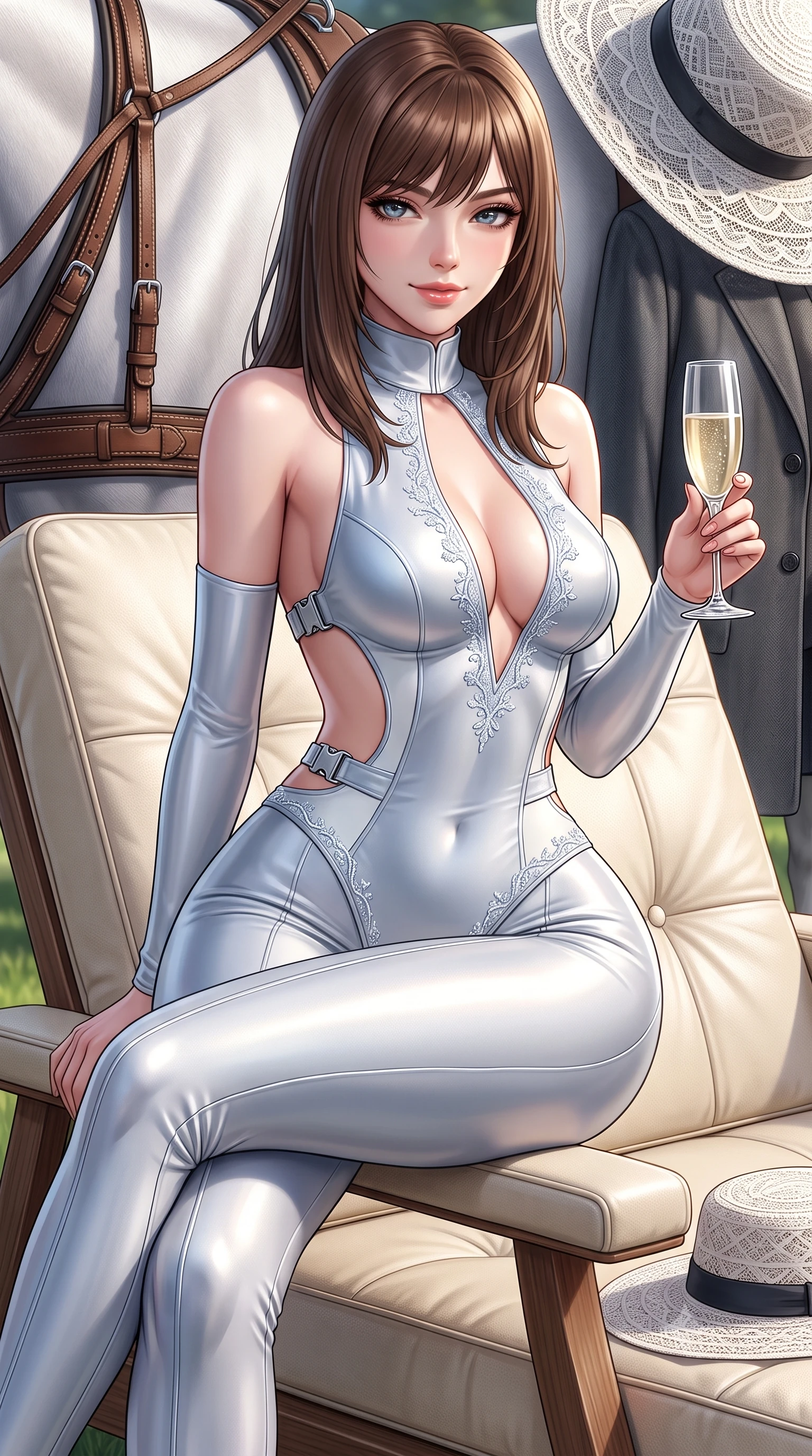 score_9, masterpiece, best quality, ultra-detailed, high-budget anime keyframe, semi-realistic 3D game render, editorial fashion photography, tasteful artistic composition, Korean woman. close-up cowboy shot from the waist and thighs up, the character dominates the composition, filling the frame with her large presence. turning over a bare shoulder with an intoxicating, teasing smile, her soft hair framing her sharp jawline as her hips angle gracefully while perching on the armrest of a plush cream leather lawn lounger with legs crossed, arching her lower back while holding a crystal champagne flute. The surrounding environment is rendered in vivid detail and crisp panoramic clarity. detailed equestrian leather harness stitching, fine wool tailoring, and lace hat weave in high clarity. She has an exceptionally elegant, slender, and willowy female figure with an ultra-slim waist, flat toned midriff, narrow ribcage, and sculpted feminine hips creating an alluring, slim hourglass silhouette without bulk. sharp v-shaped jawline, high-bridge nose, intricate jewel-like eyes with depth, thick eyelashes, glossy parted lips with a natural sheen, intensely captivating and seductive bedroom-eyes expression, flawlessly proportioned anatomical accuracy, strict slender model proportions, natural body alignment, perfectly sculpted long slender limbs, ultra-slim waistline, clean dynamic posture without body distortion. wearing a high-collar speedsuit featuring bold side-torso cutouts and quick-release titanium buckles in liquid starlight silver and arctic glacier white, tailored from liquid silk jersey adhering flawlessly to her slender build, finished with delicate crystal frost embroidery tracing the plunging neckline, the liquid-tight tailored fabric clinging flawlessly to her narrow waist and rounded feminine hips, emphasizing every millimeter of her sculpted slim hourglass curves without any bulky heaviness. illuminated by sharp specular highlights carving her sculpted collarbones, flat toned midriff, and rounded hips. highly saturated vibrant anime colors, detailed shading with soft gradients, rich glossy textures, high-contrast stereoscopic depth, volumetric dynamic lighting, master piece, 9:16 ratio