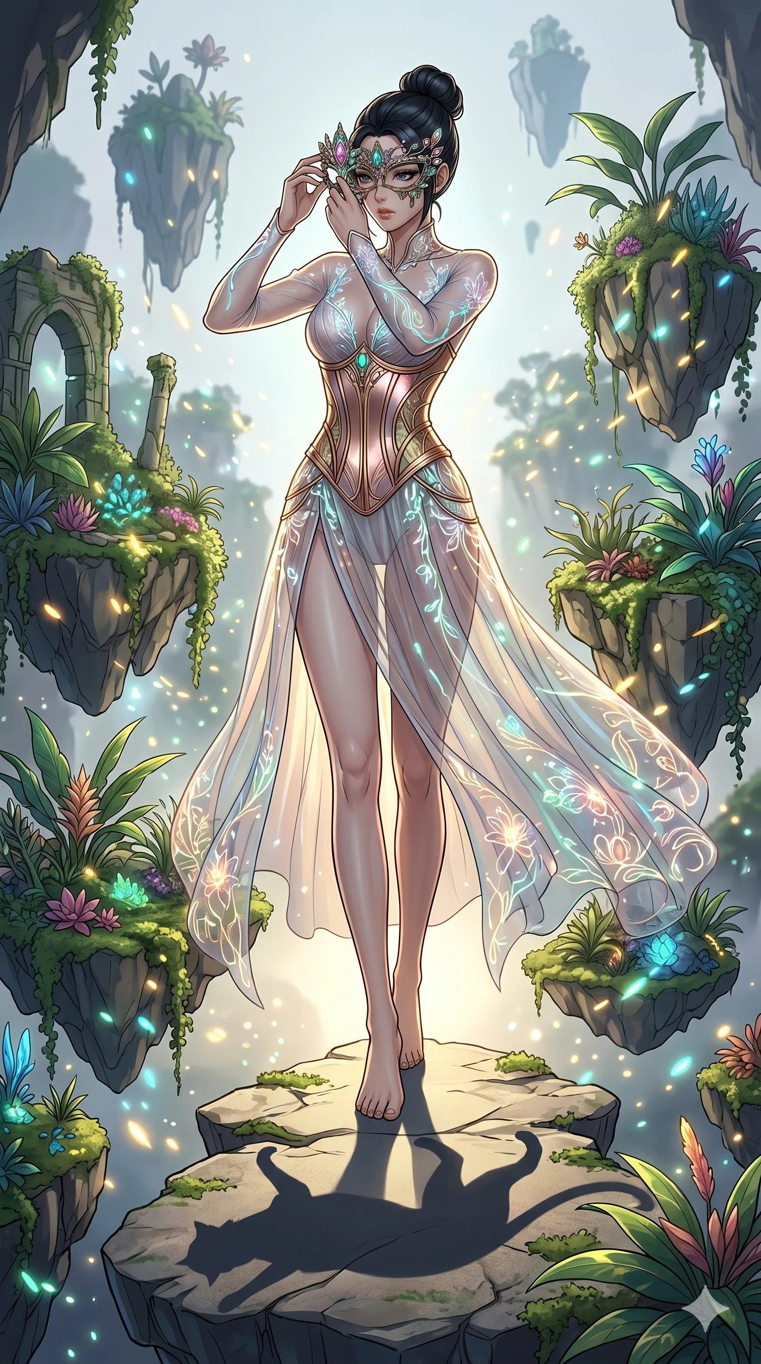score_9, masterpiece, best quality, ultra-detailed, Set A: High-budget Anime Keyframe, Japanese woman. Low angle cowboy shot filling the entire 9:16 frame with her statuesque presence. Adjusting a mask through a floating botanical garden, while her shadow mimics the movements of a predator 215 and surrounded by glowing energy sparks. She has an absolutely perfect 8-heads proportion, an exceptionally tall and slender female figure with impossibly long slender legs and an ultra-slim waist. Sharp v-shaped jawline, high-bridge nose, intricate jewel-like eyes with depth, thick eyelashes, glossy lips with a natural sheen. Wearing Sheer chiffon gown with a metallic corset and bioluminescent floral patterns. Cinematic lighting, vibrant colors, dramatic shadows, 2k, ultra detail, master piece, 9:16 ratio