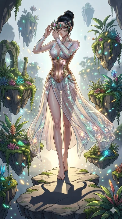 score_9, masterpiece, best quality, ultra-detailed, Set A: High-budget Anime Keyframe, Japanese woman. Low angle cowboy shot filling the entire 9:16 frame with her statuesque presence. Adjusting a mask through a floating botanical garden, while her s